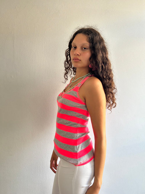 Bright Pink and Grey Stripe Tank Top
