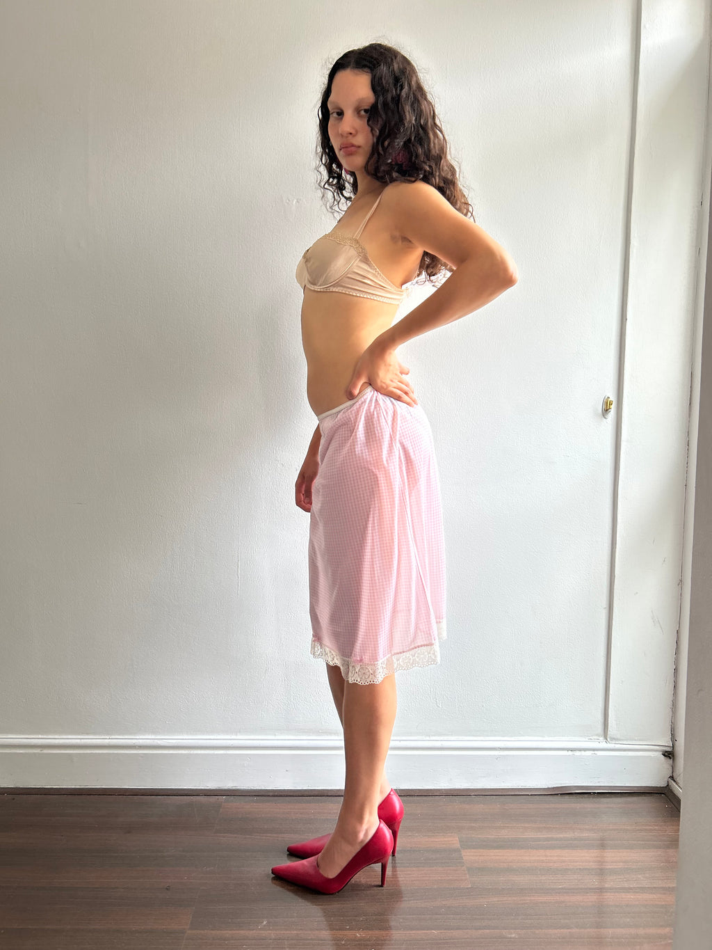 Vintage Pink and White Gingham Slip Skirt