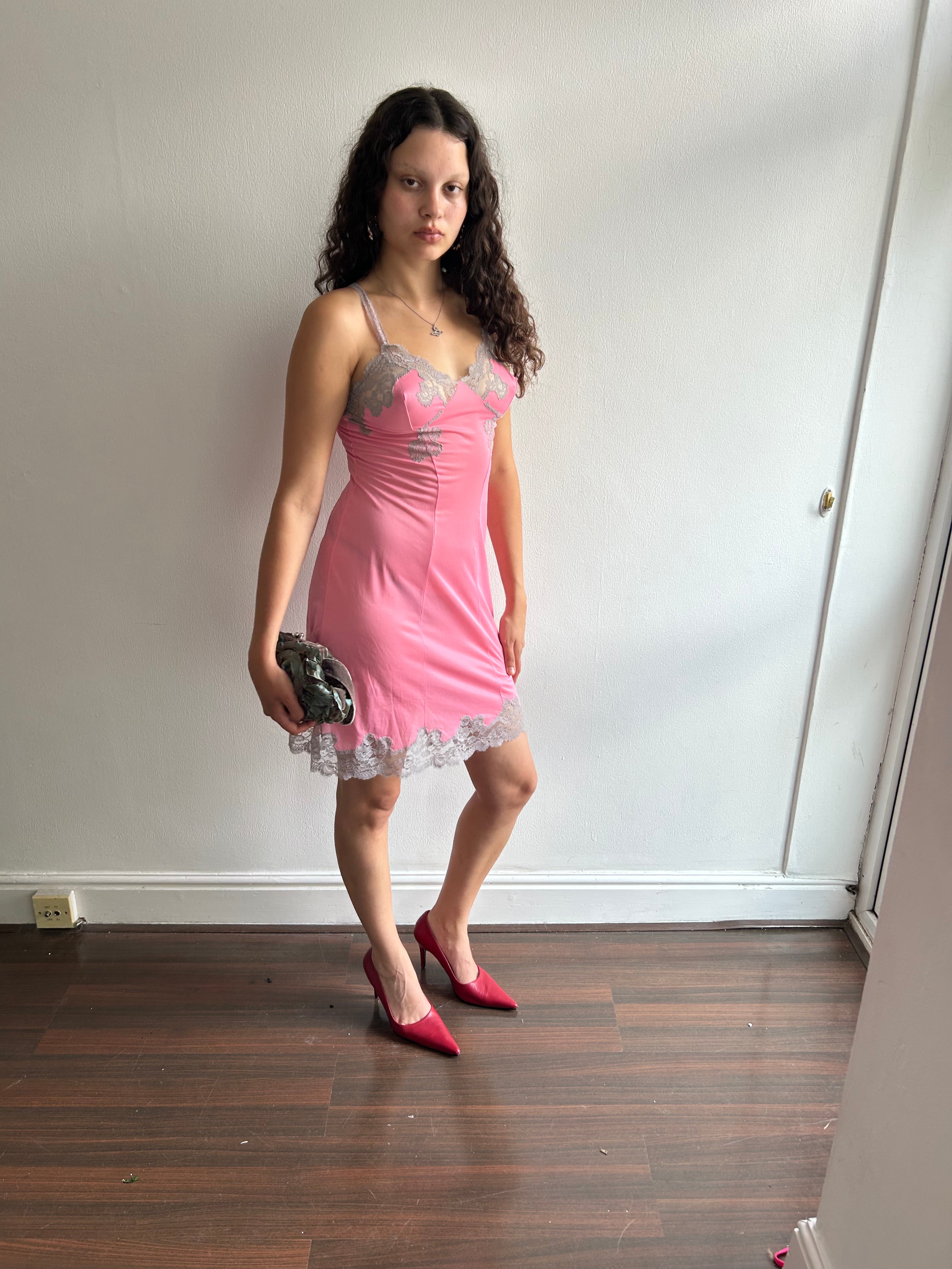 Vintage Pink and Grey Lace Slip Dress