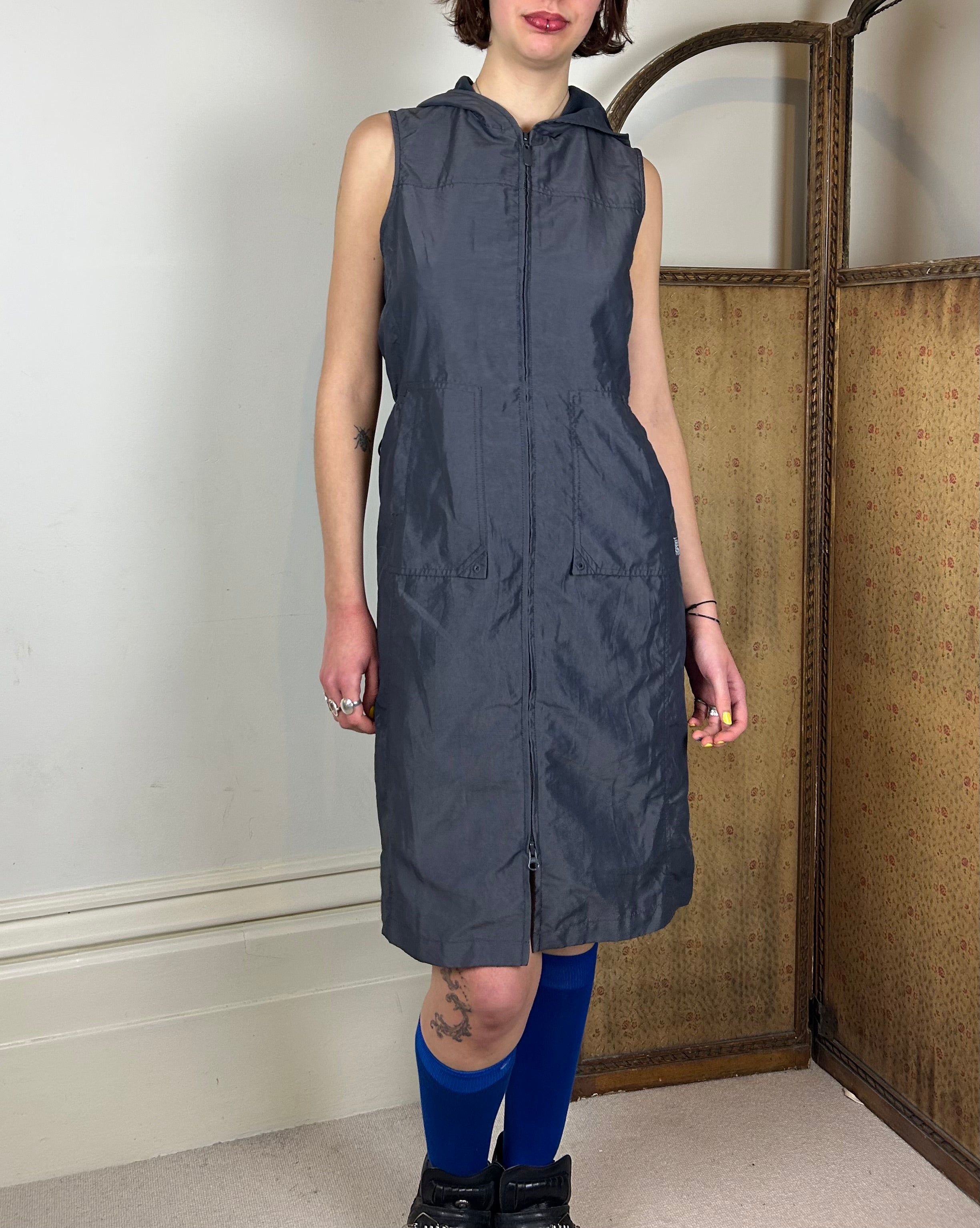 Grey hooded zip dress