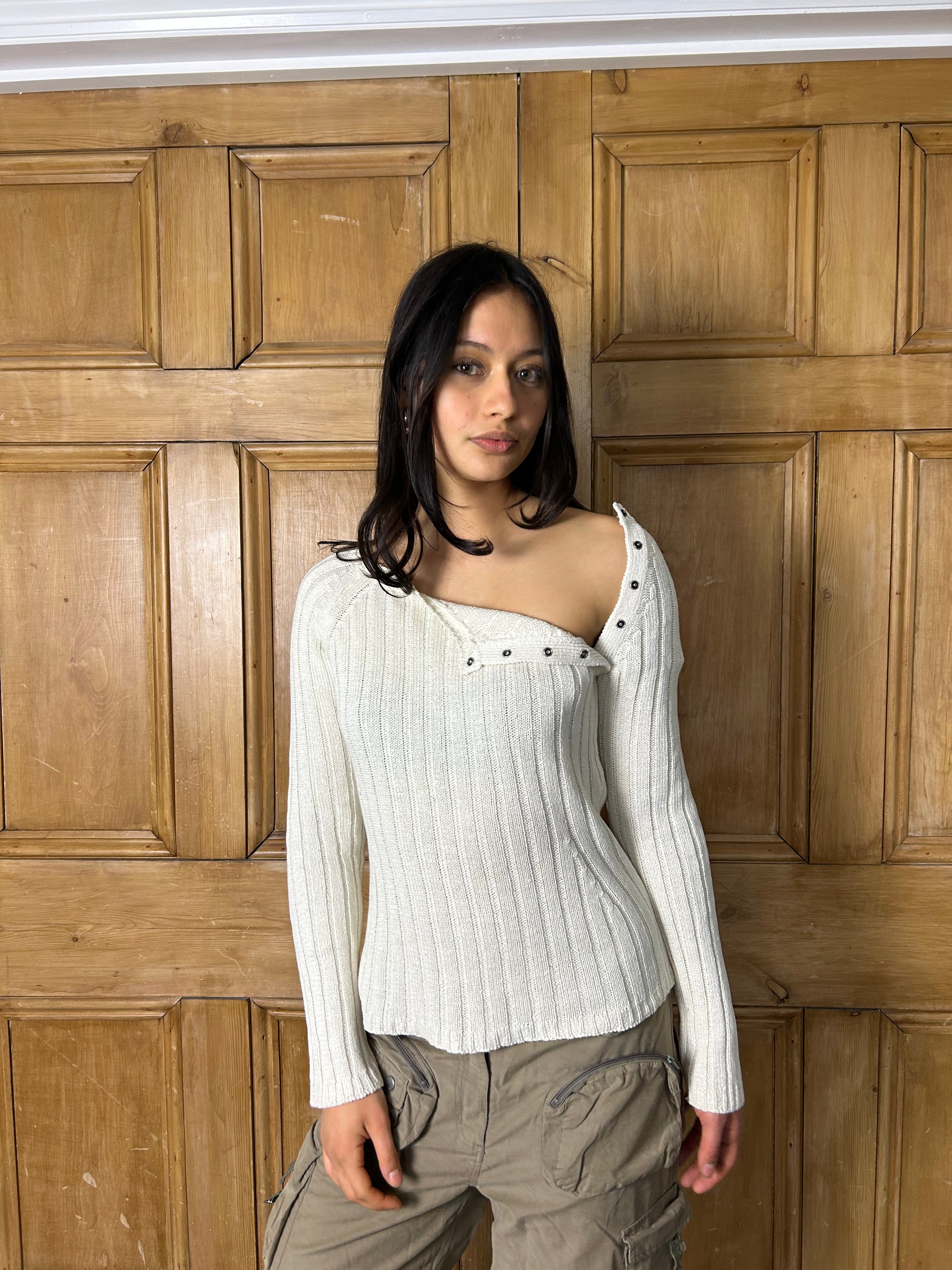 White ribbed jumper with button detailing