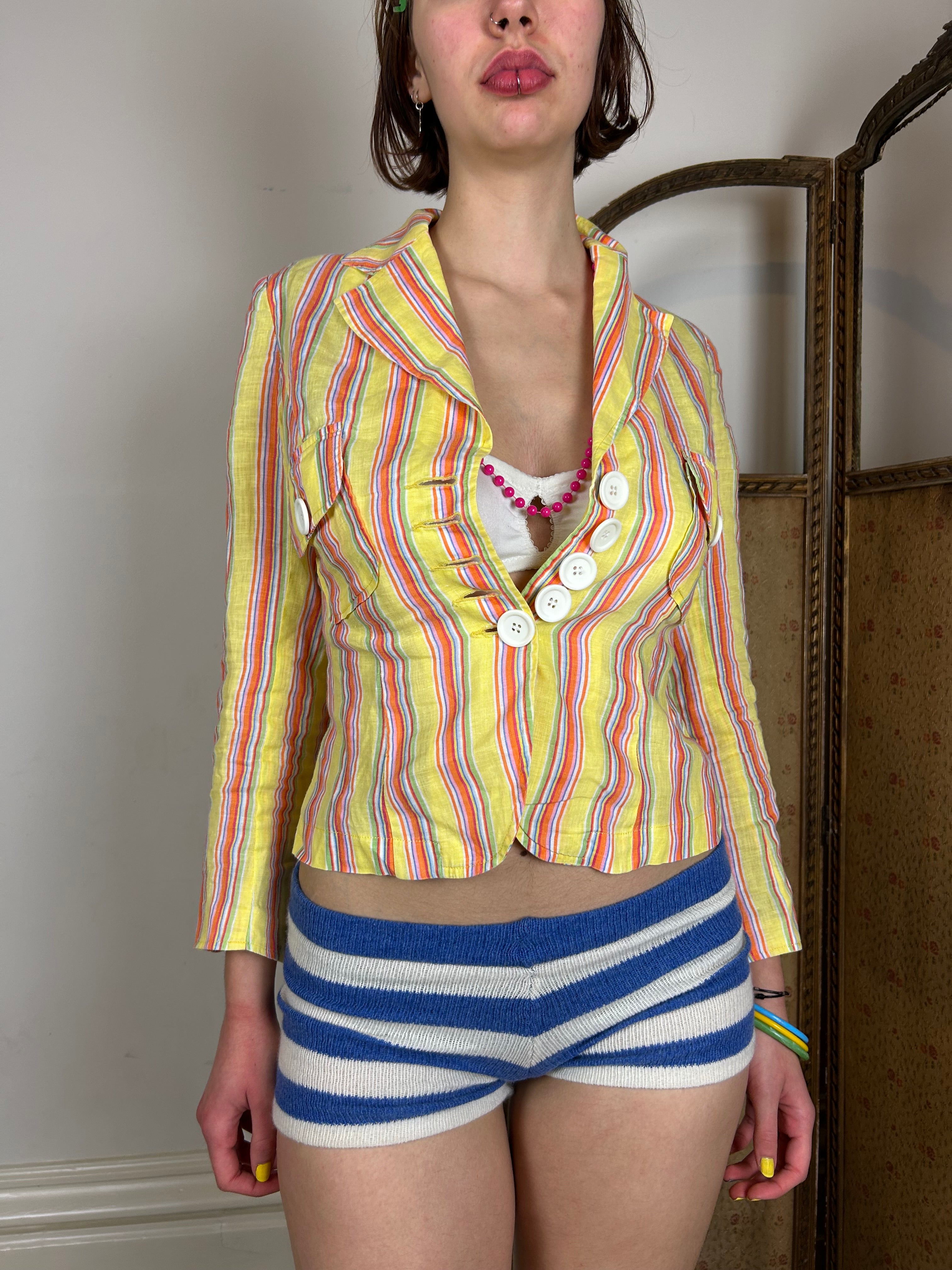 Blue and white stripe knit shorts