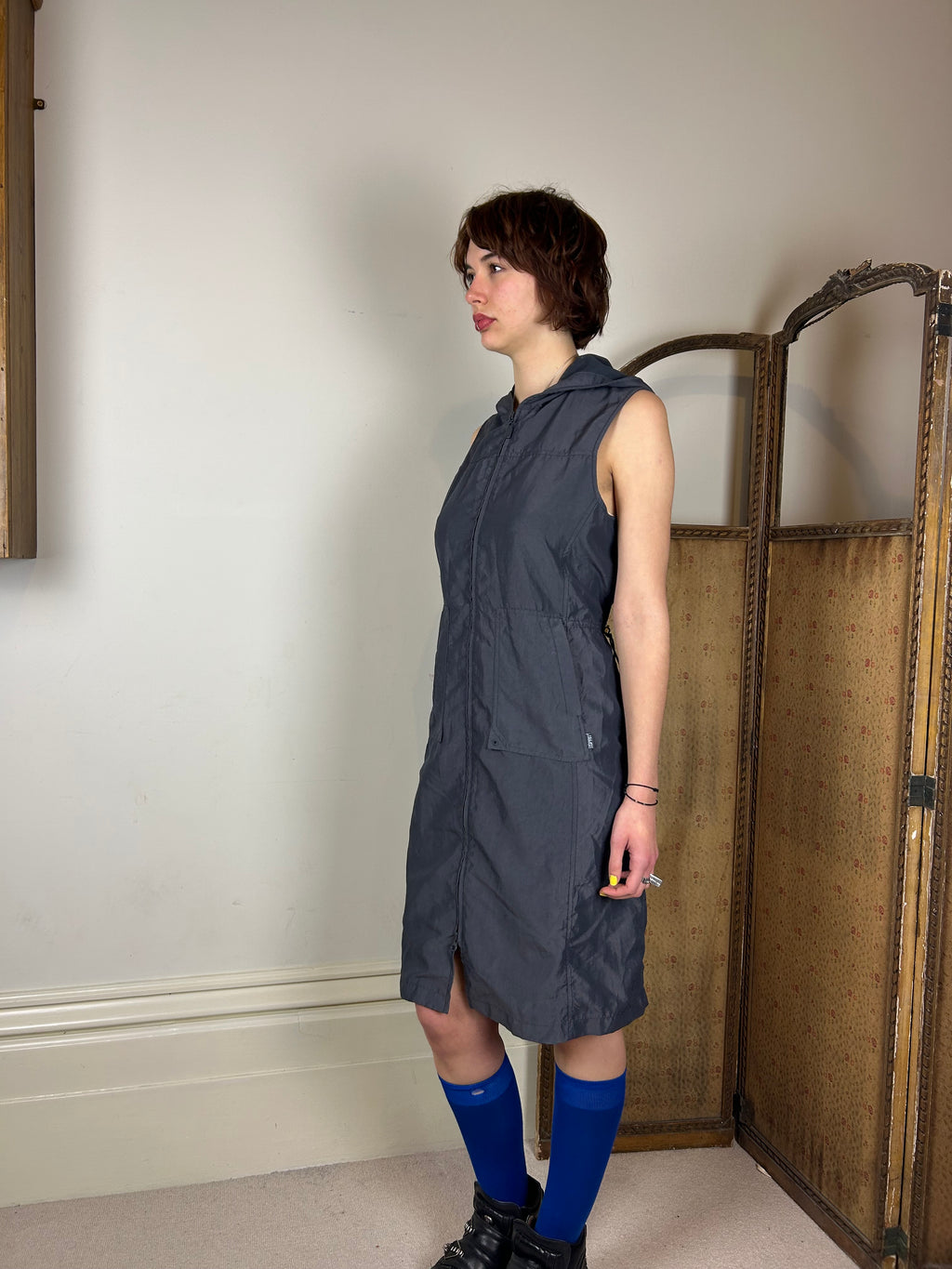 Grey hooded zip dress