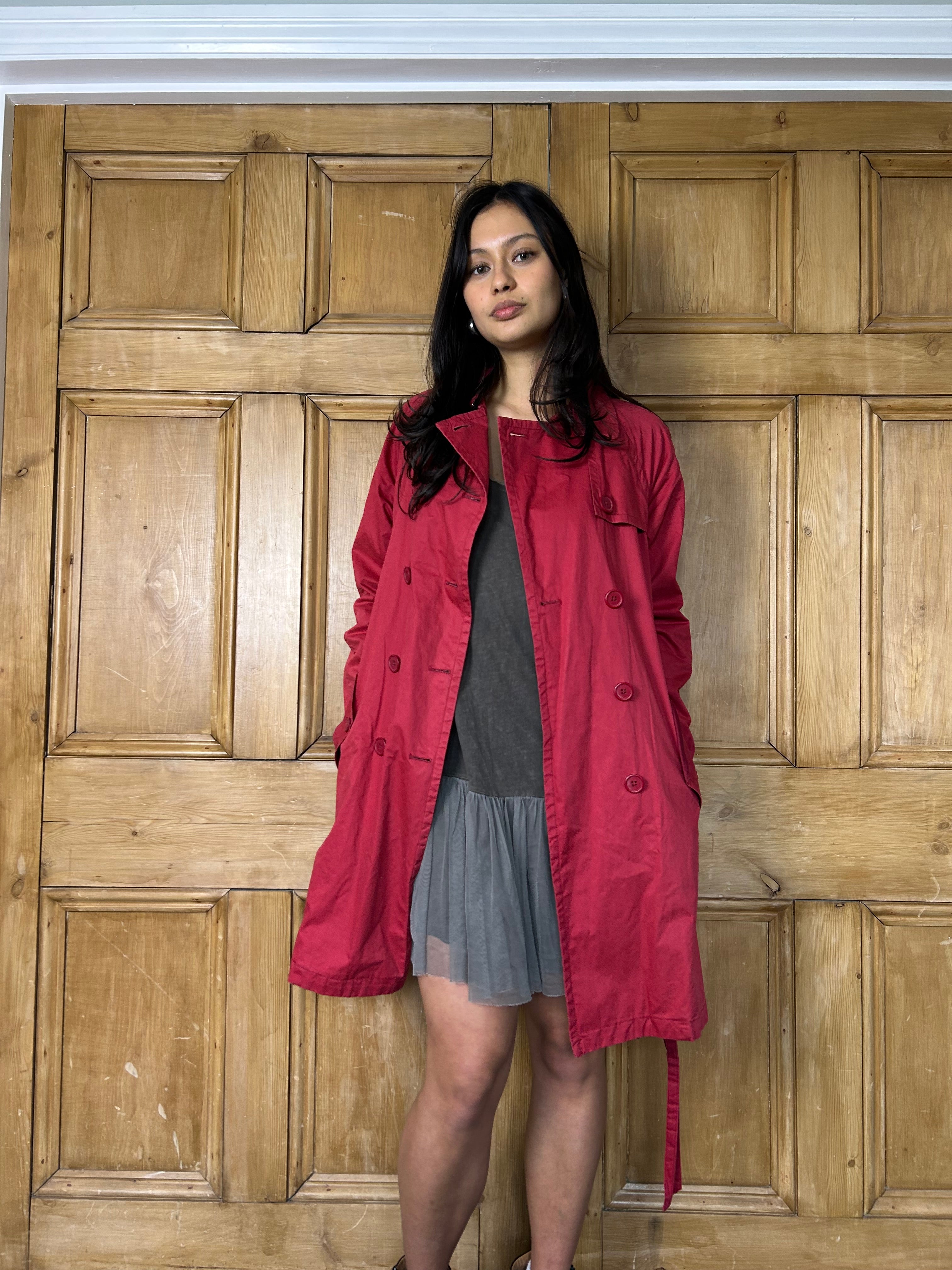 Red double breasted trench coat
