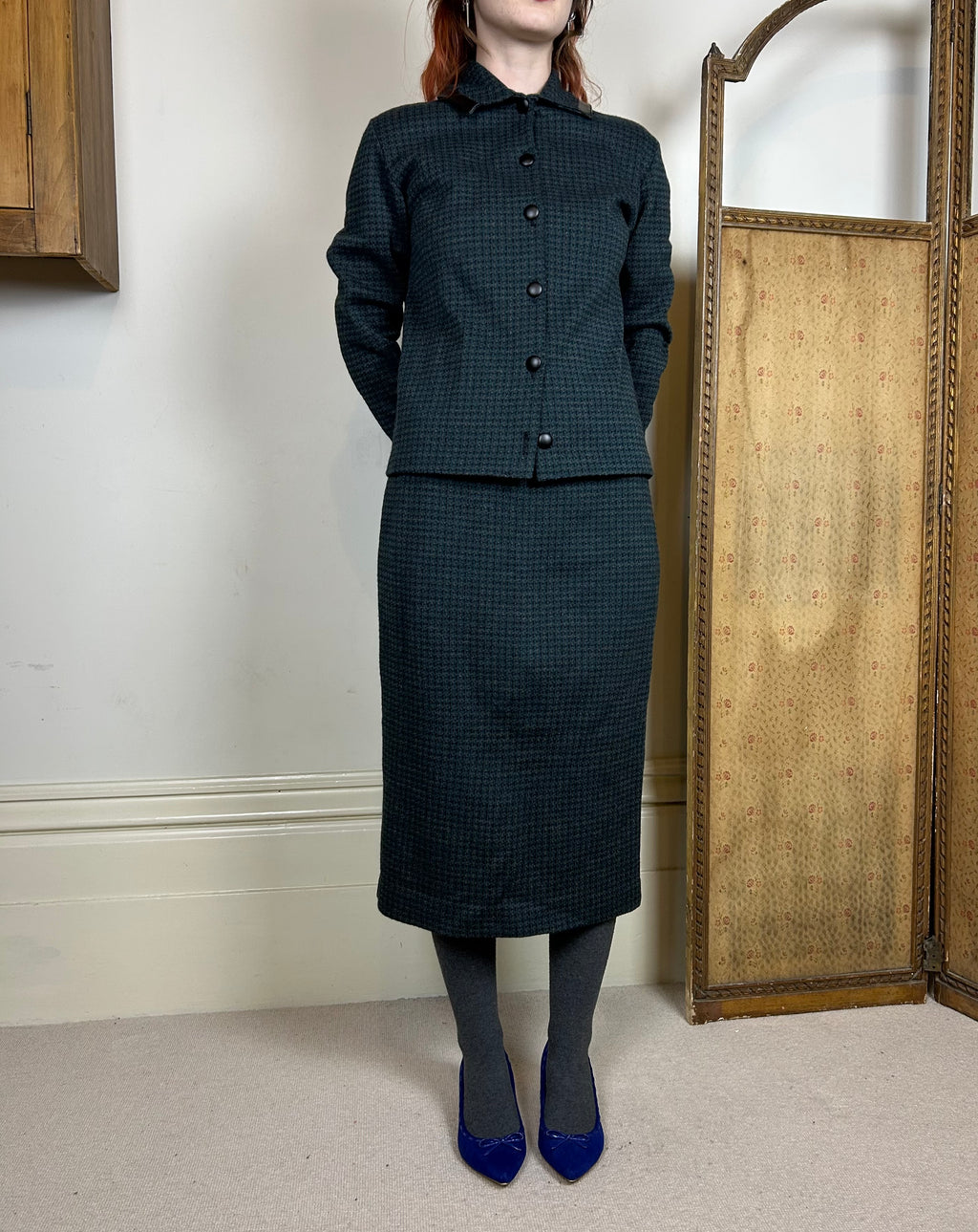 Vintage green and black wool skirt suit