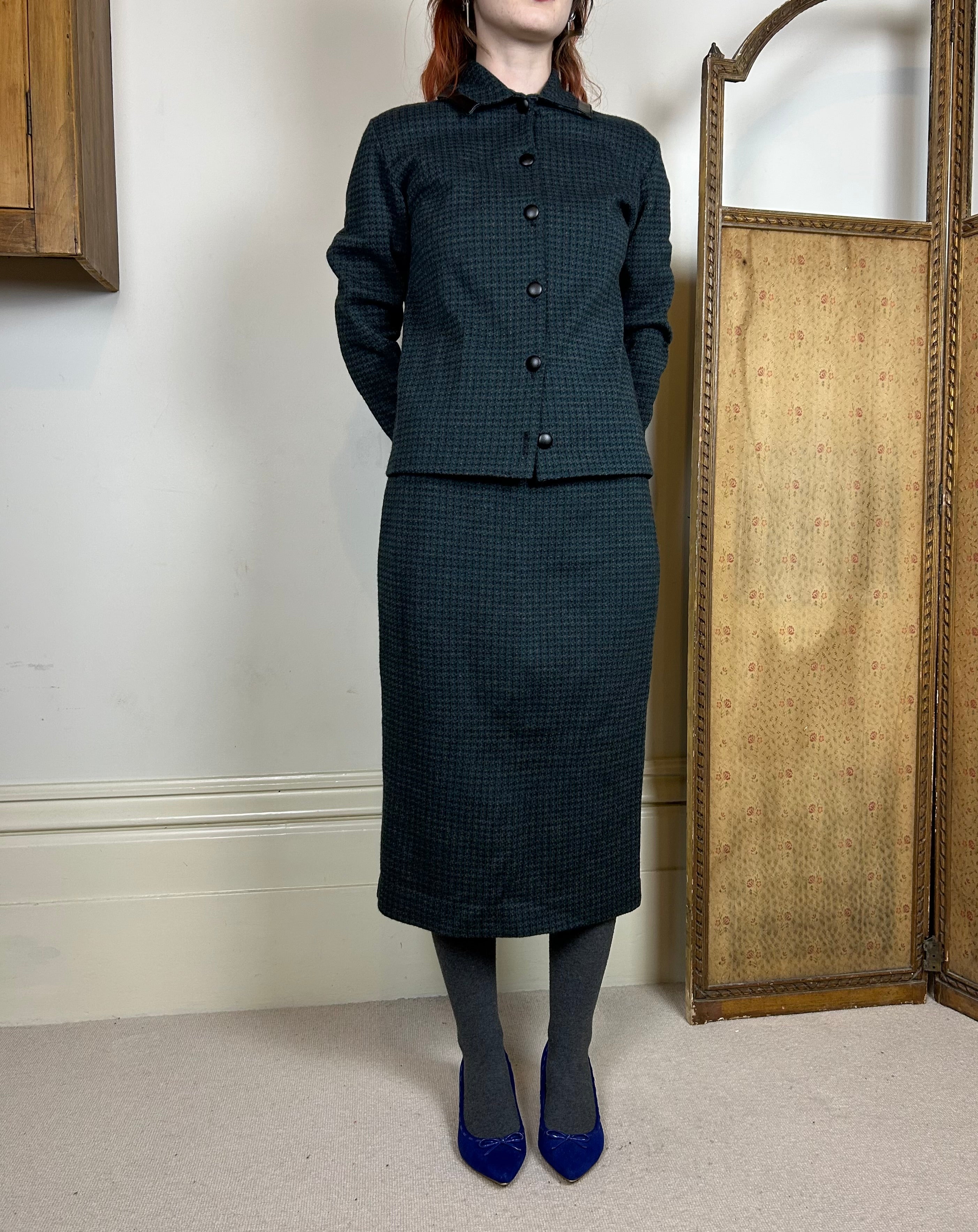 Vintage green and black wool skirt suit