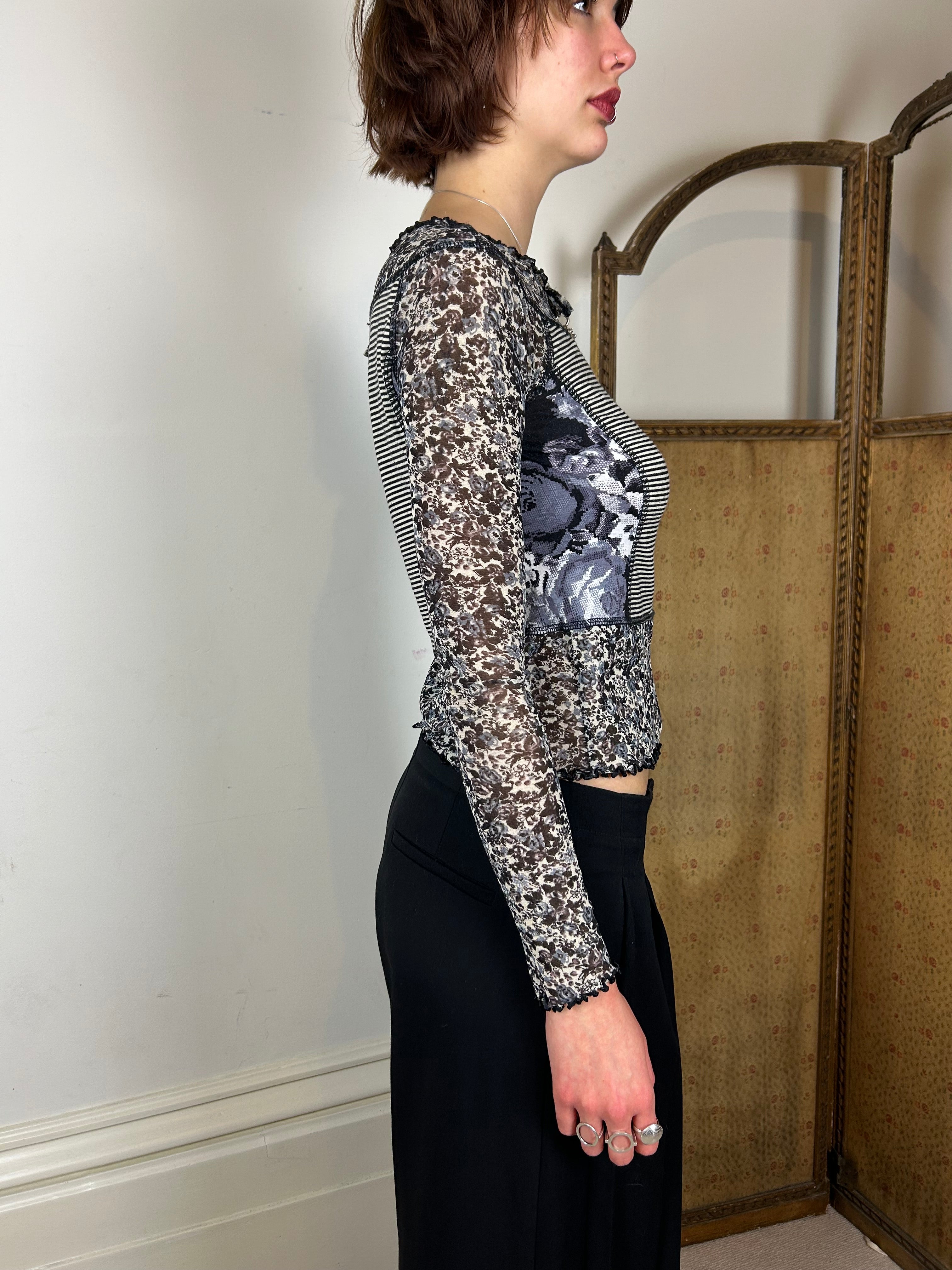 Black and white floral patchwork mesh top