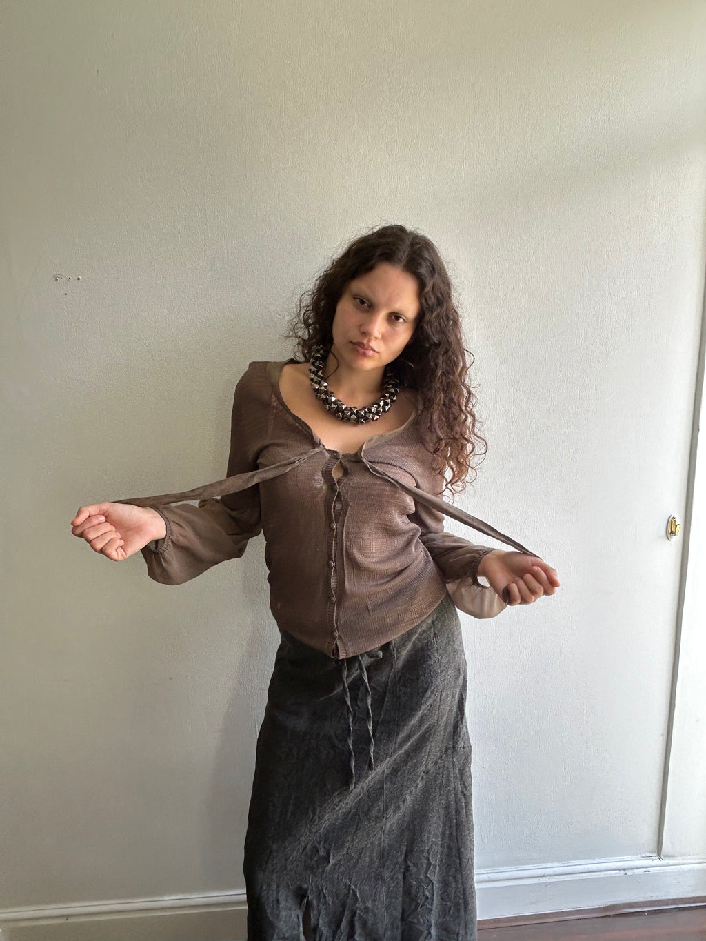 Brown Silk Button Up Top