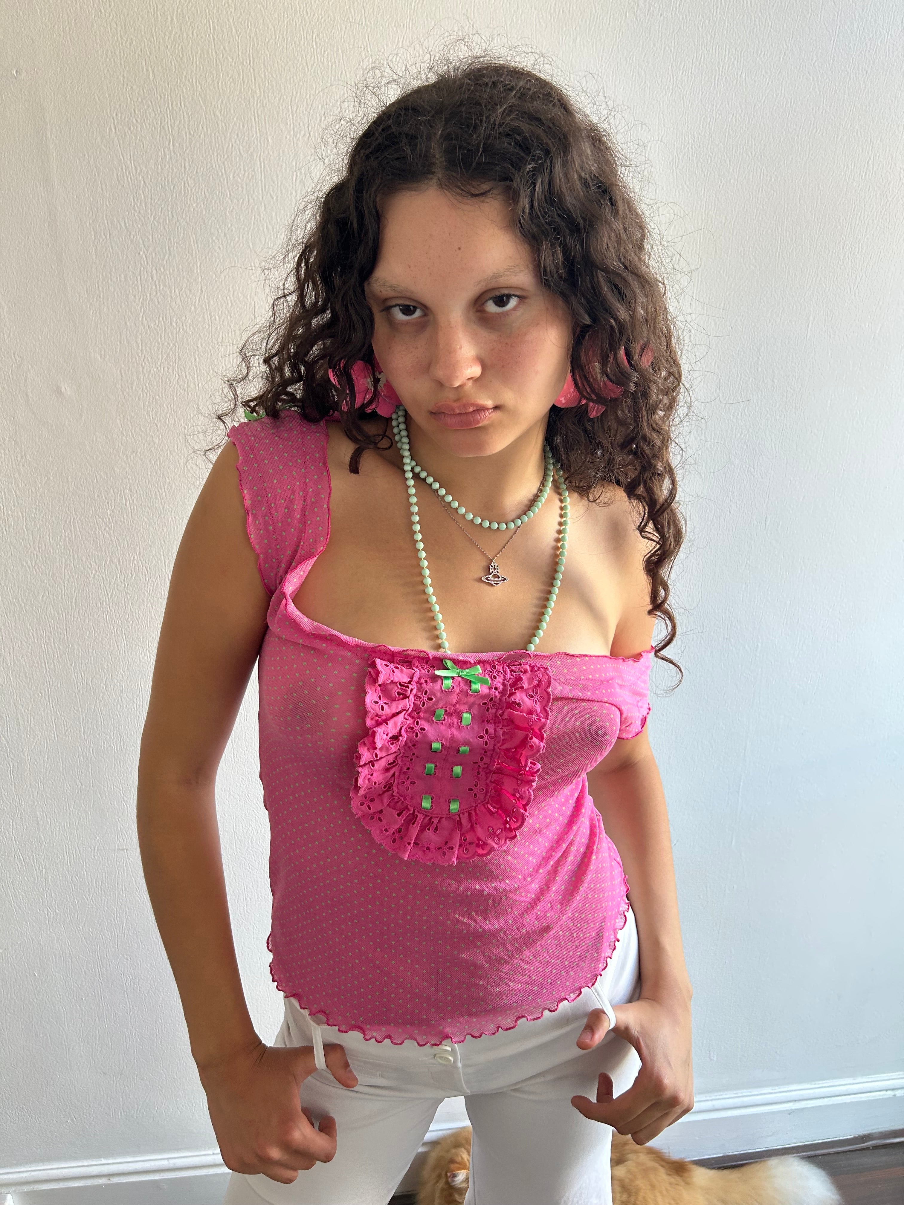 Vintage Coquette Pink and Green Sheer Top