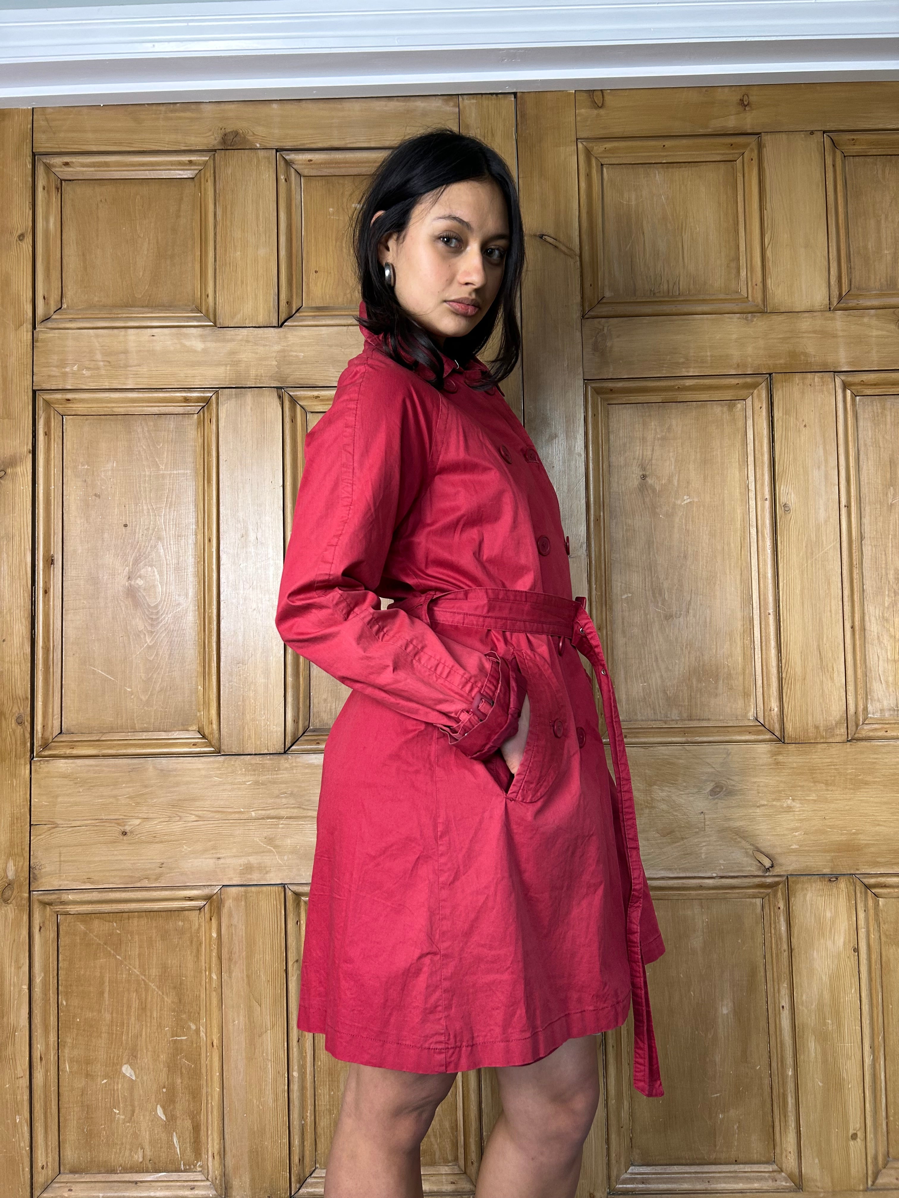 Red double breasted trench coat