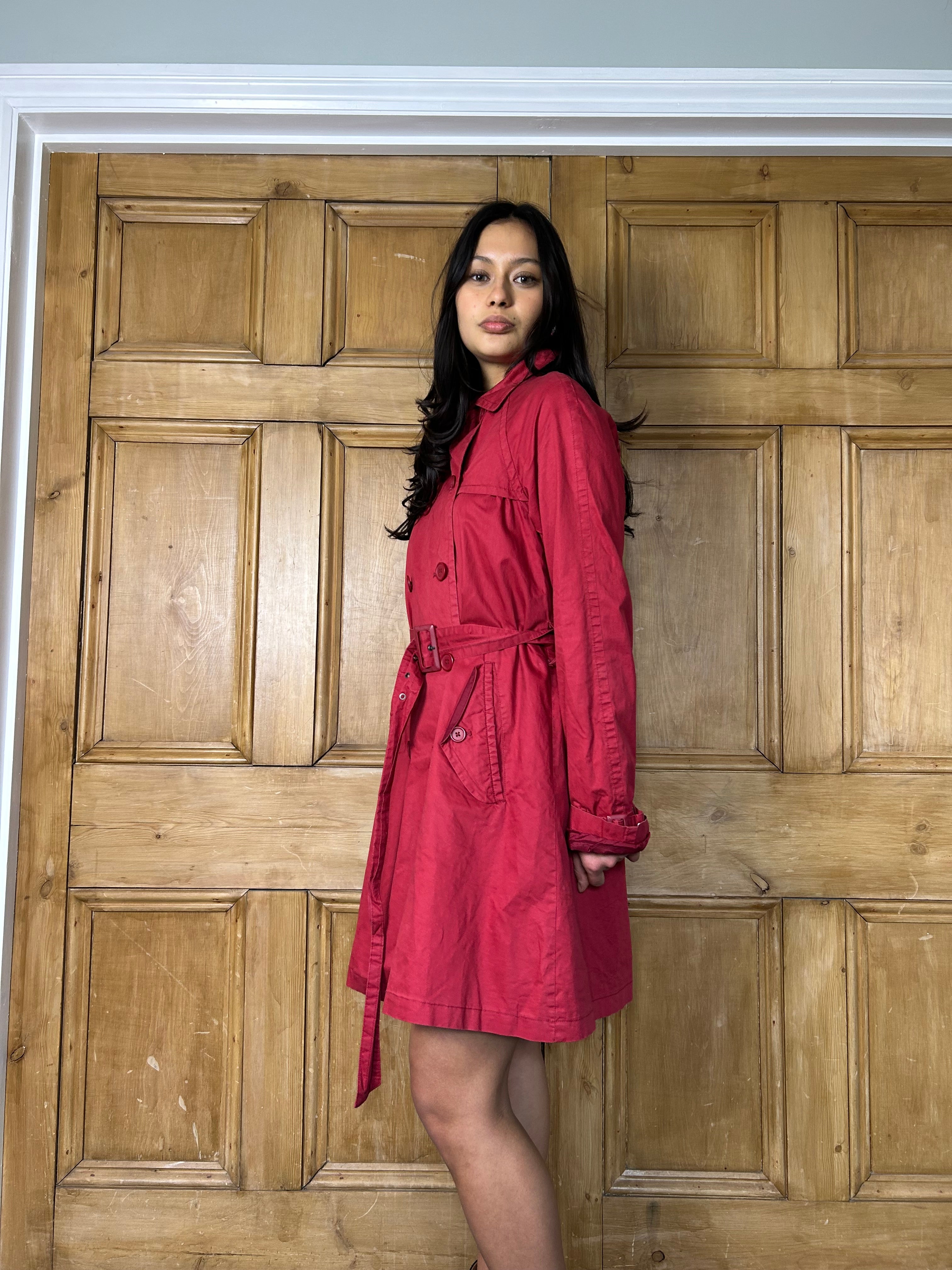 Red double breasted trench coat