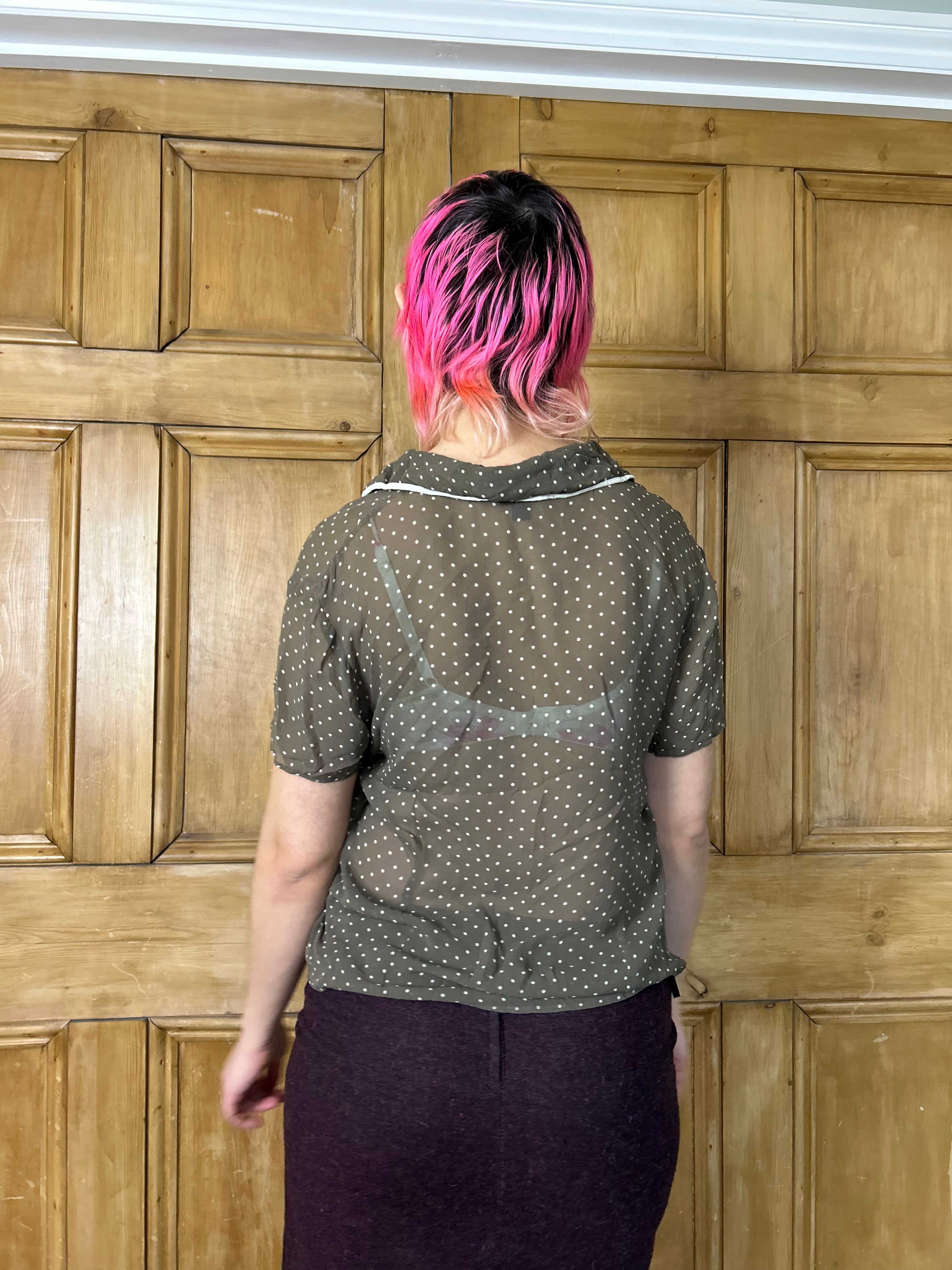 Sheer brown polka dot shirt