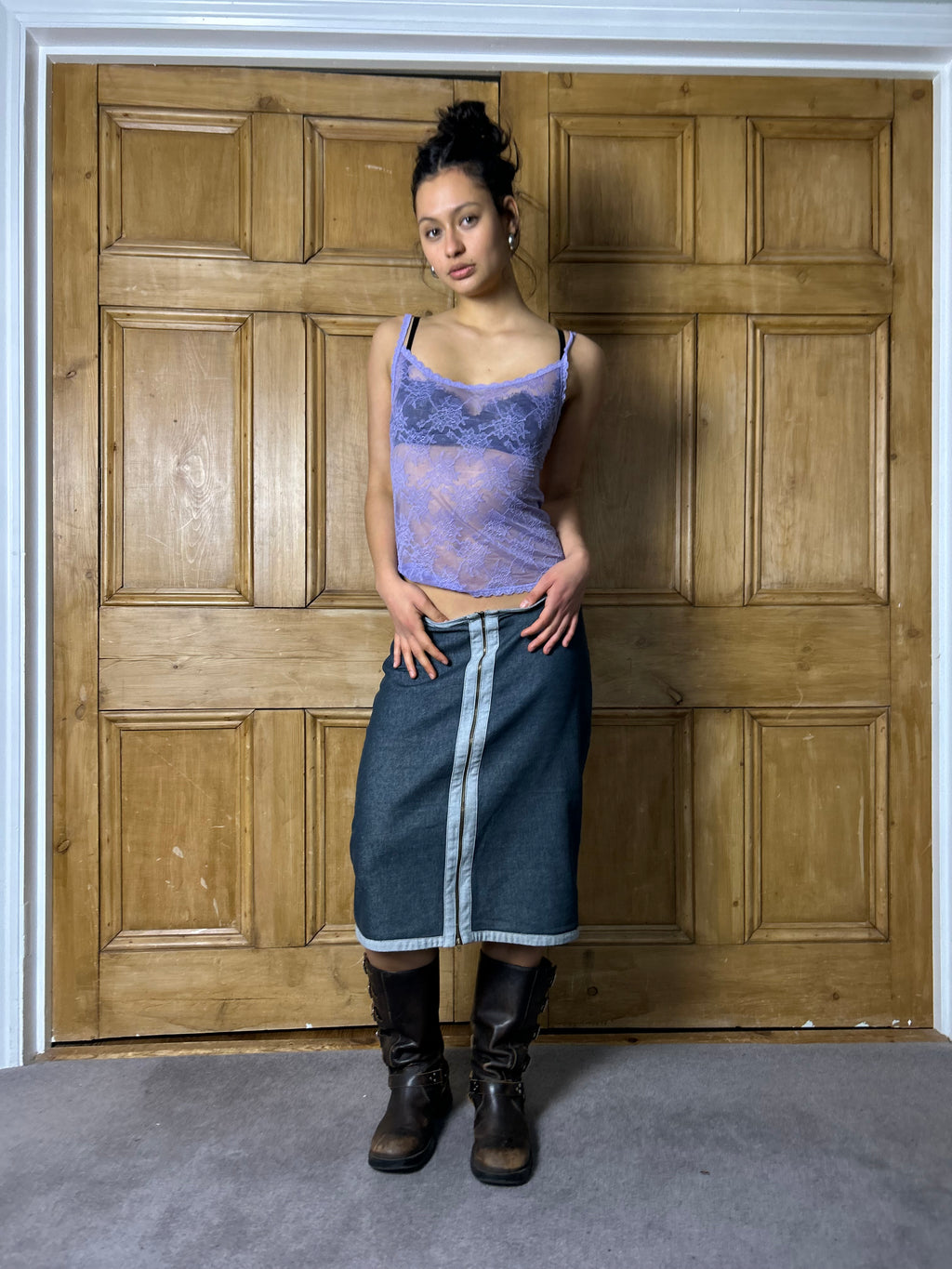 Denim Zip Midi Skirt