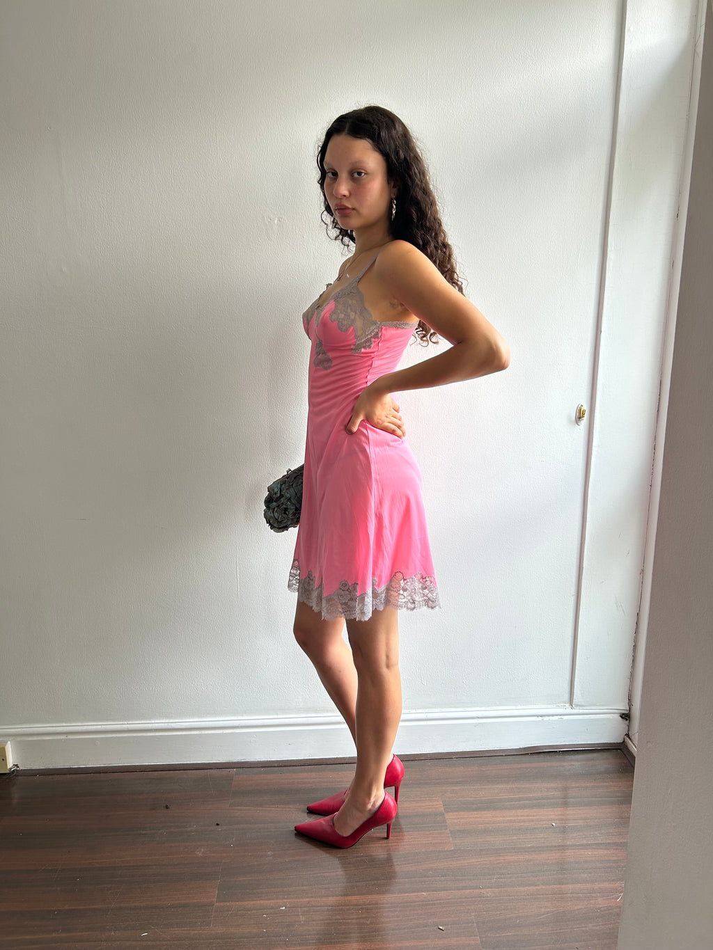 Vintage Pink and Grey Lace Slip Dress