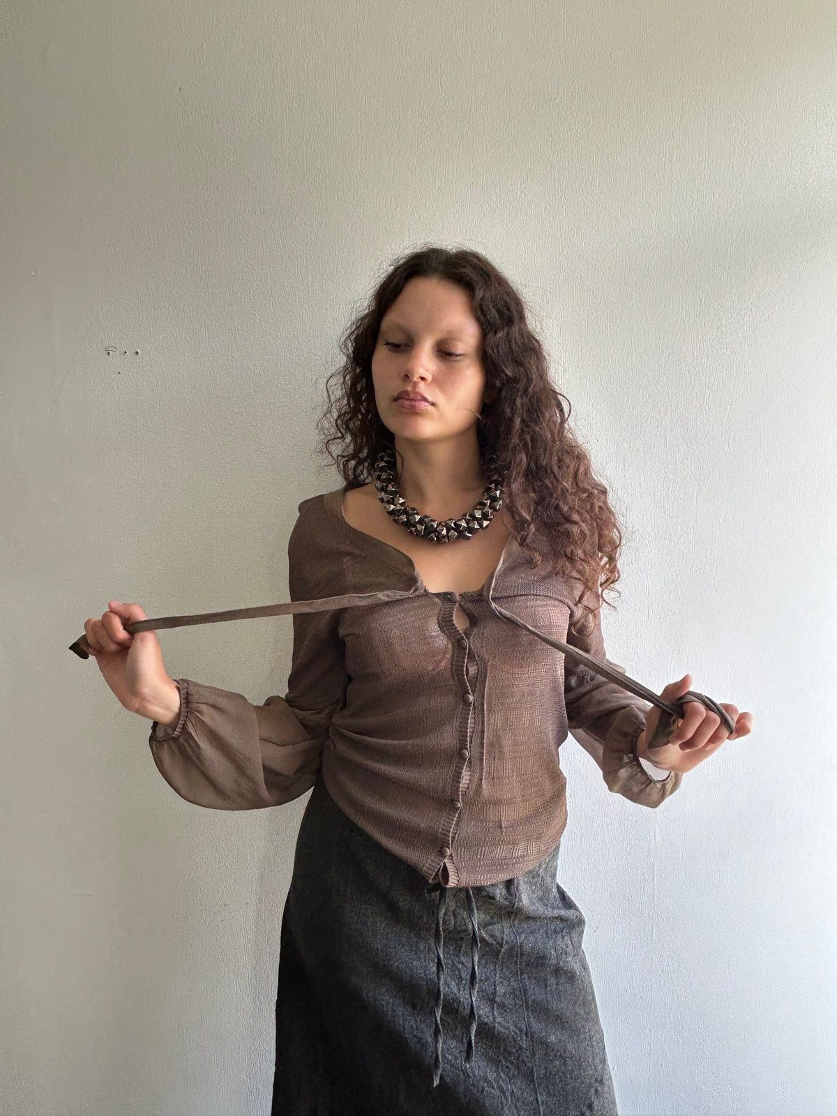 Brown Silk Button Up Top