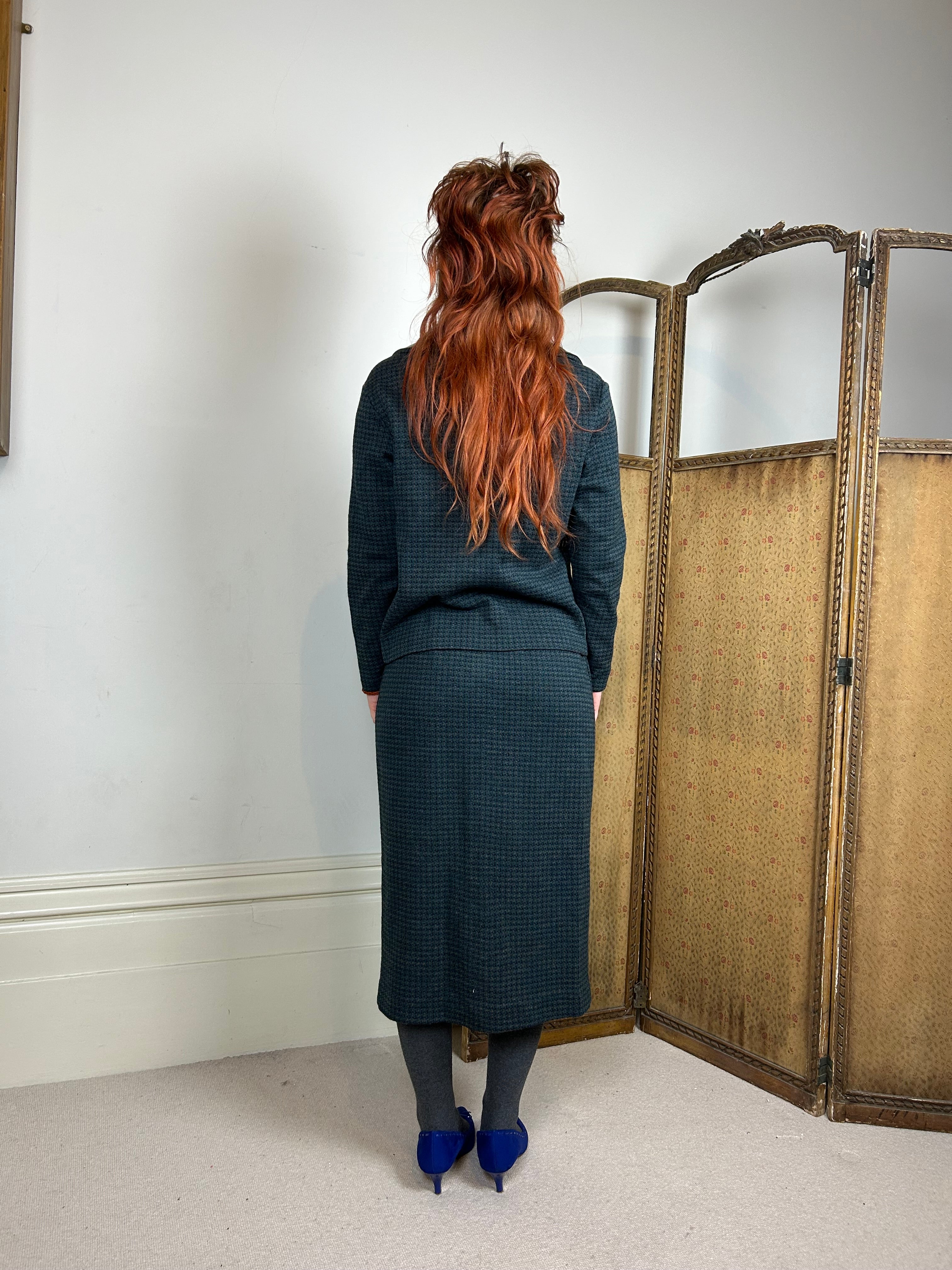 Vintage green and black wool skirt suit