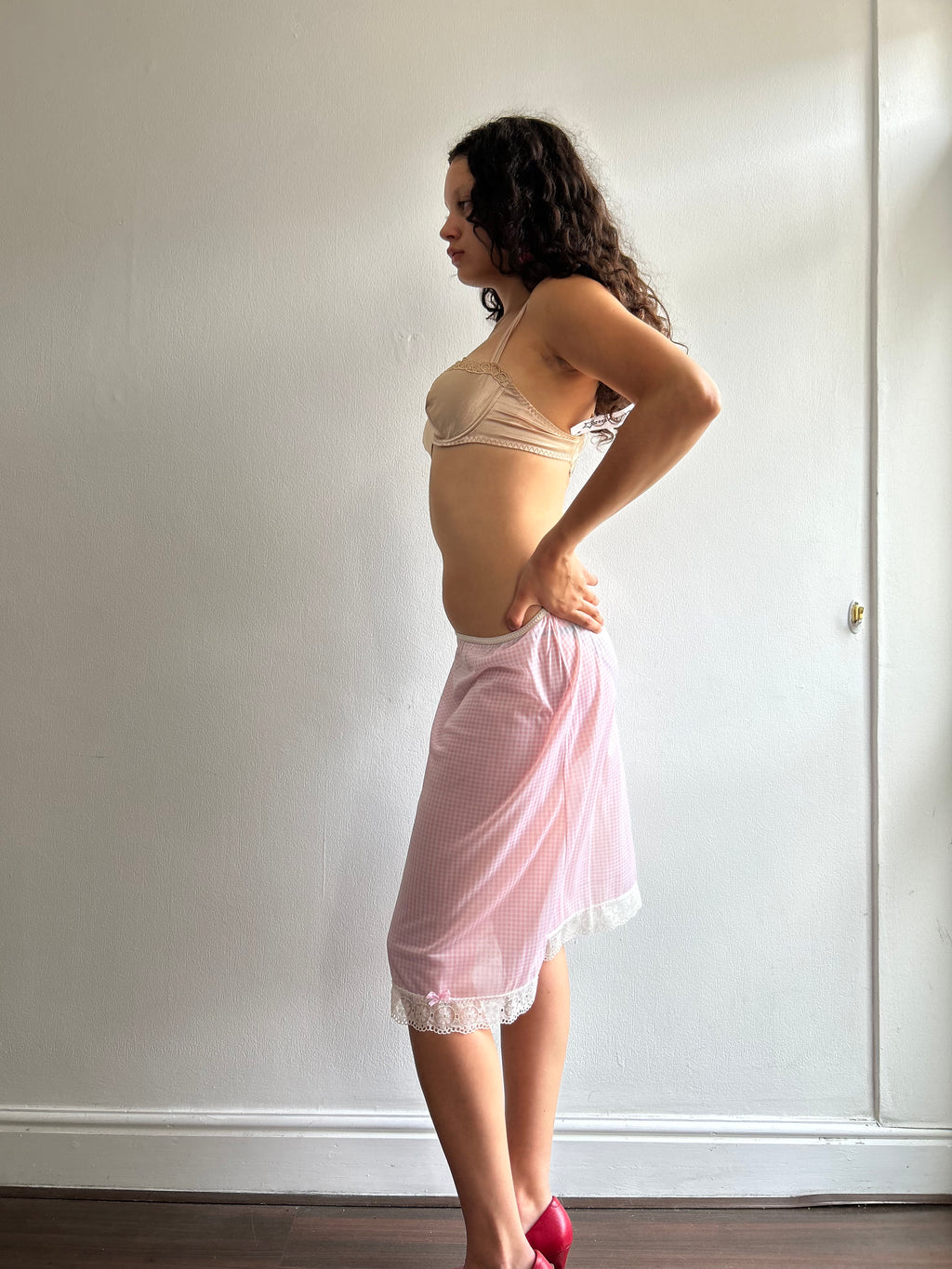 Vintage Pink and White Gingham Slip Skirt