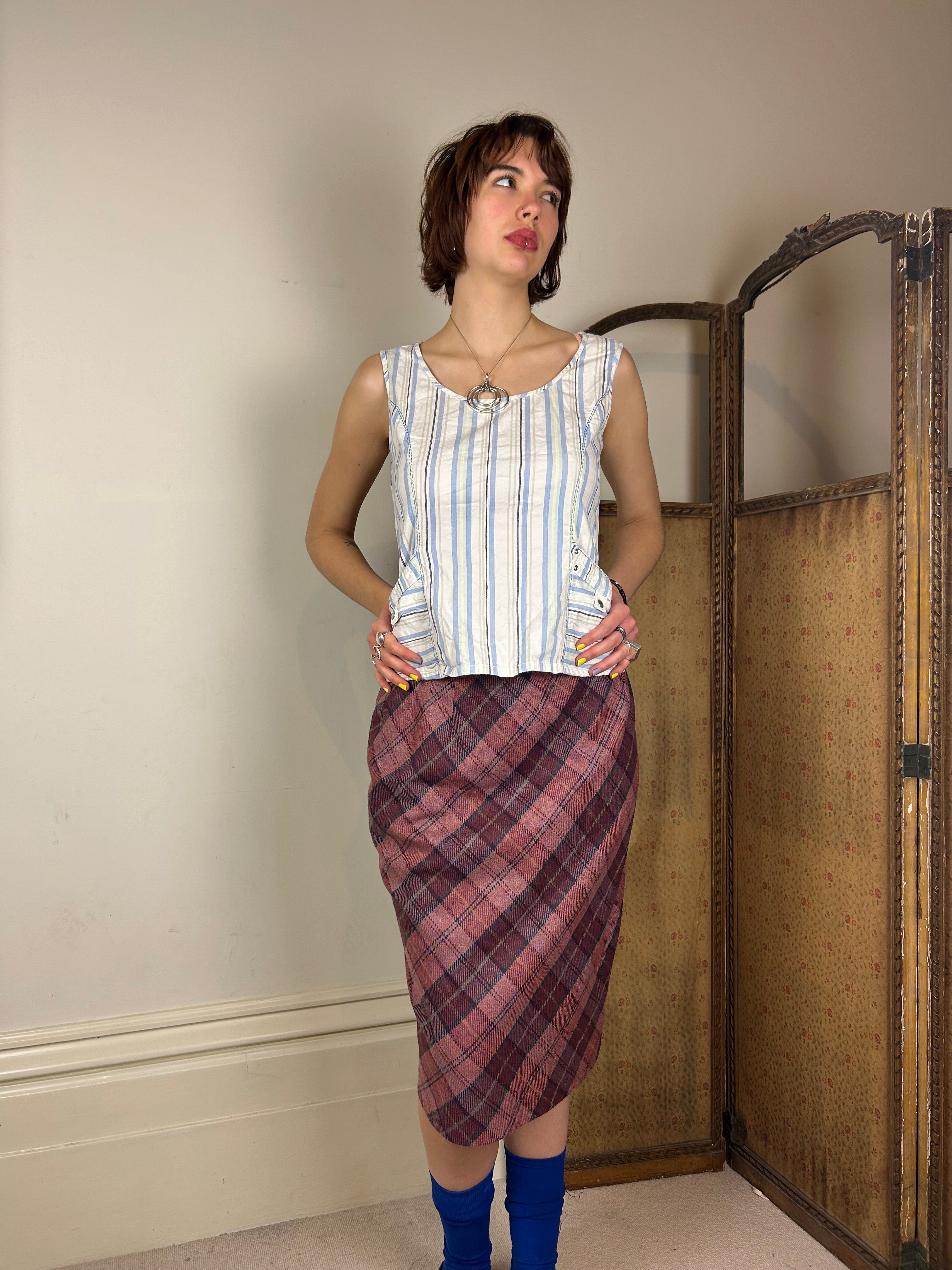 Pink plaid midi skirt