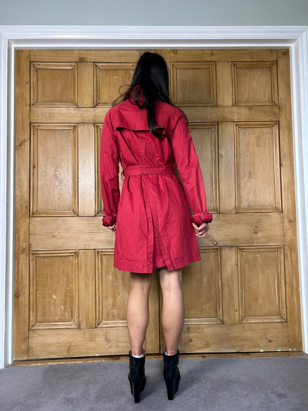 Red double breasted trench coat