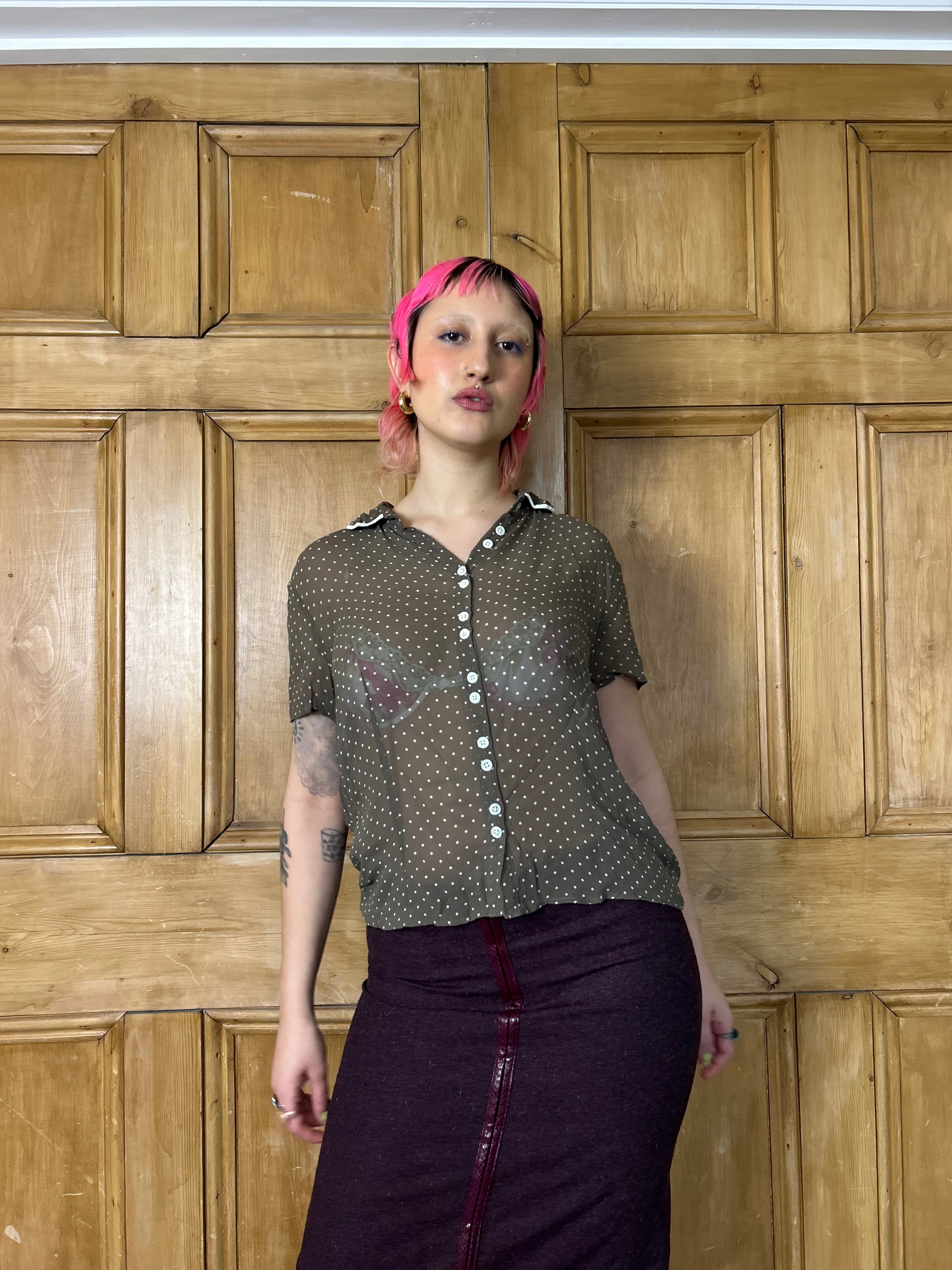 Sheer brown polka dot shirt