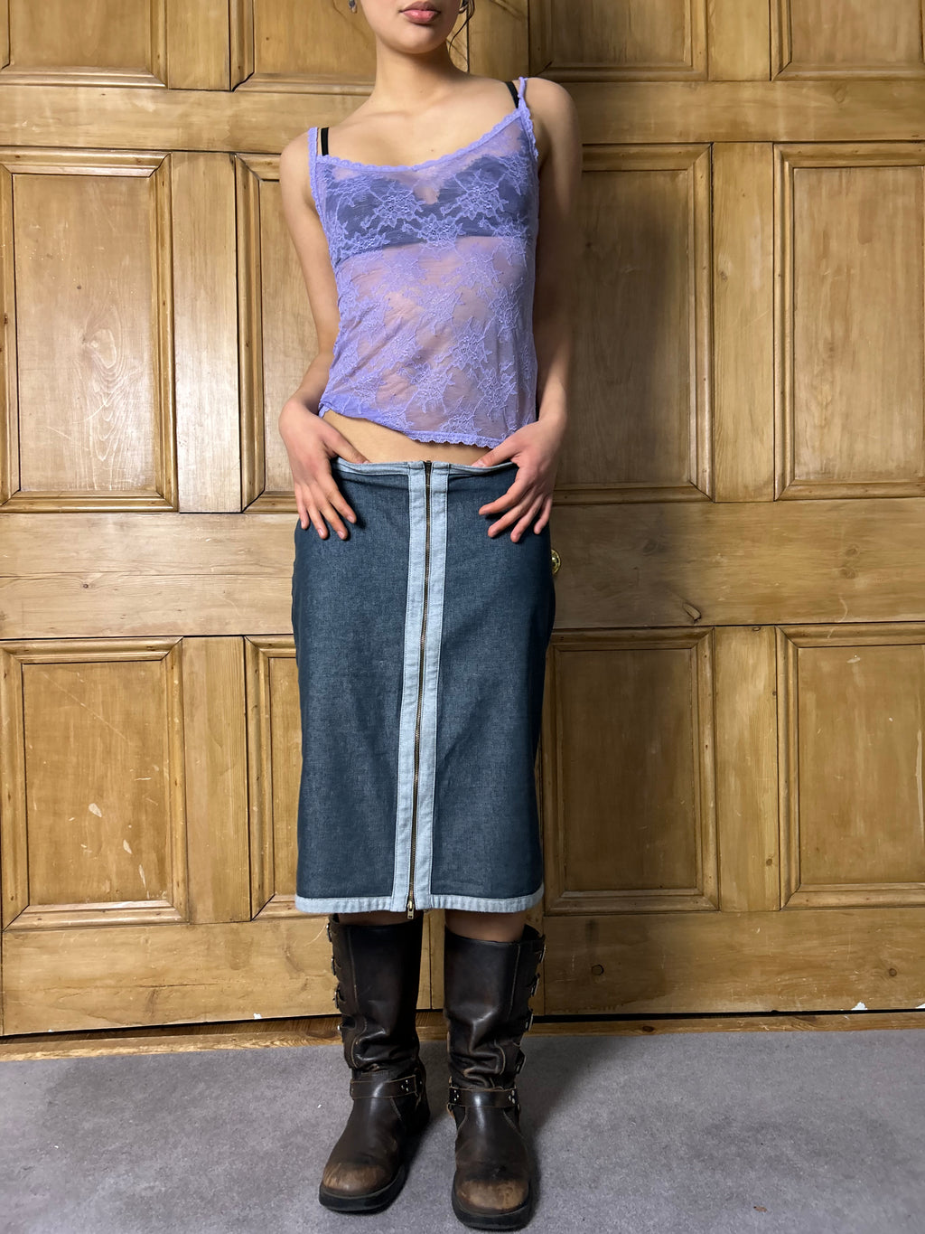 Denim Zip Midi Skirt