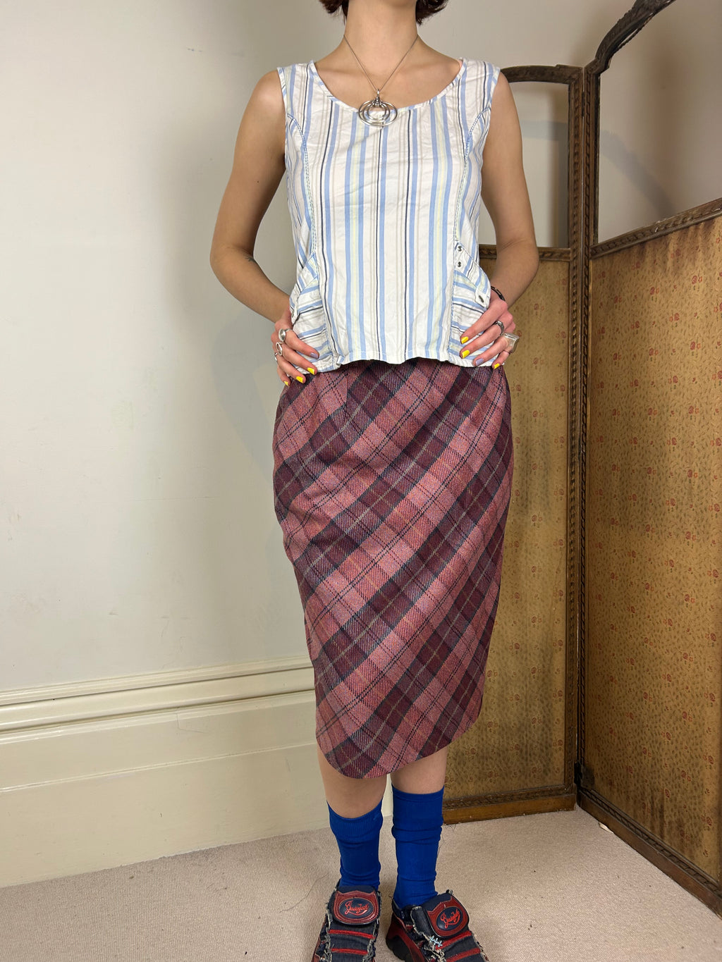 Pink plaid midi skirt