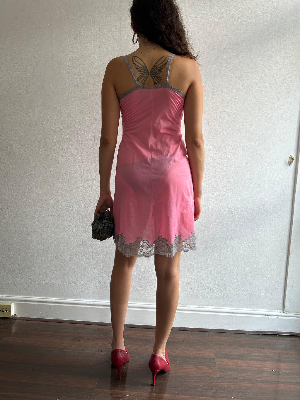 Vintage Pink and Grey Lace Slip Dress