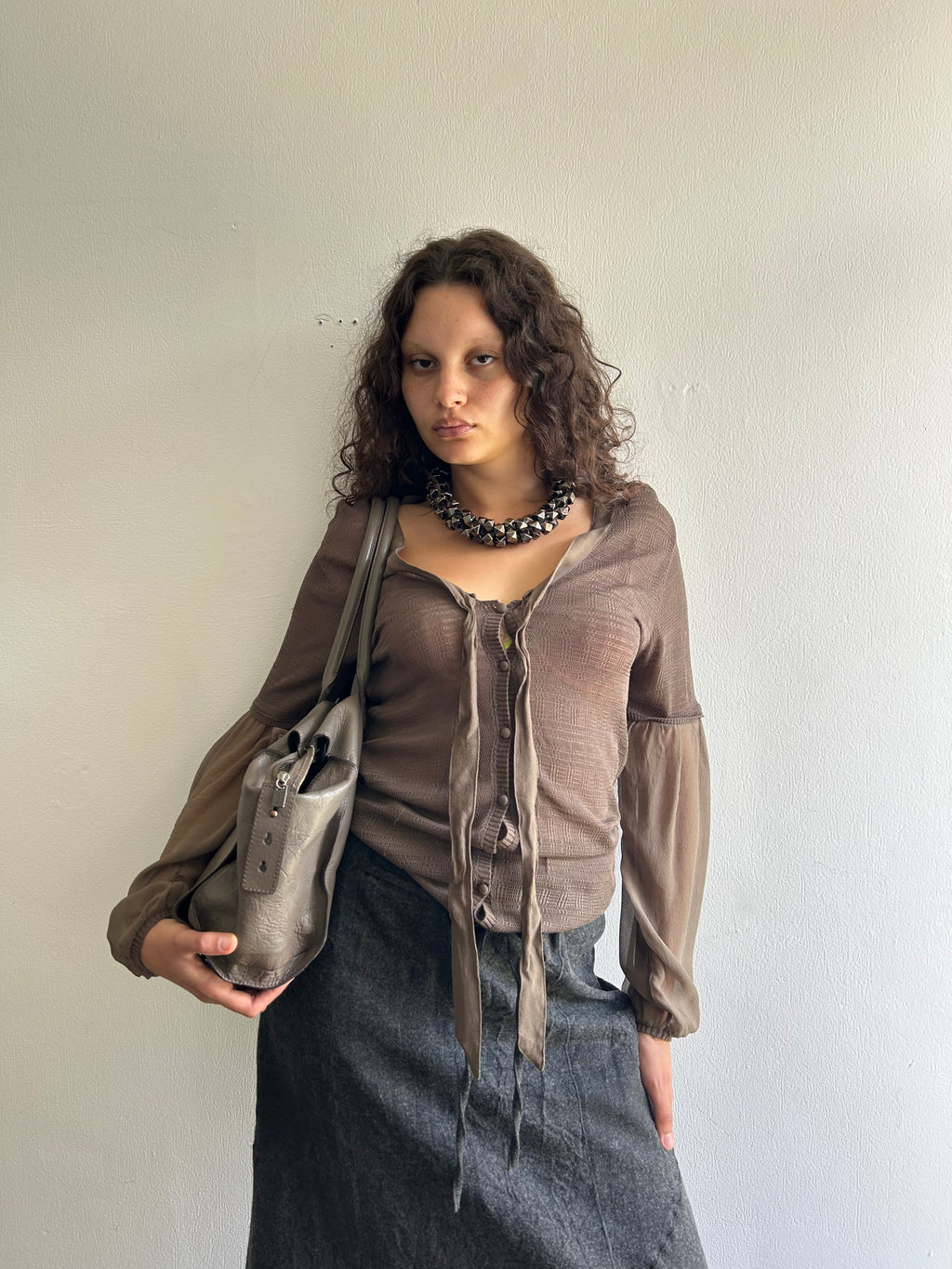 Brown Silk Button Up Top