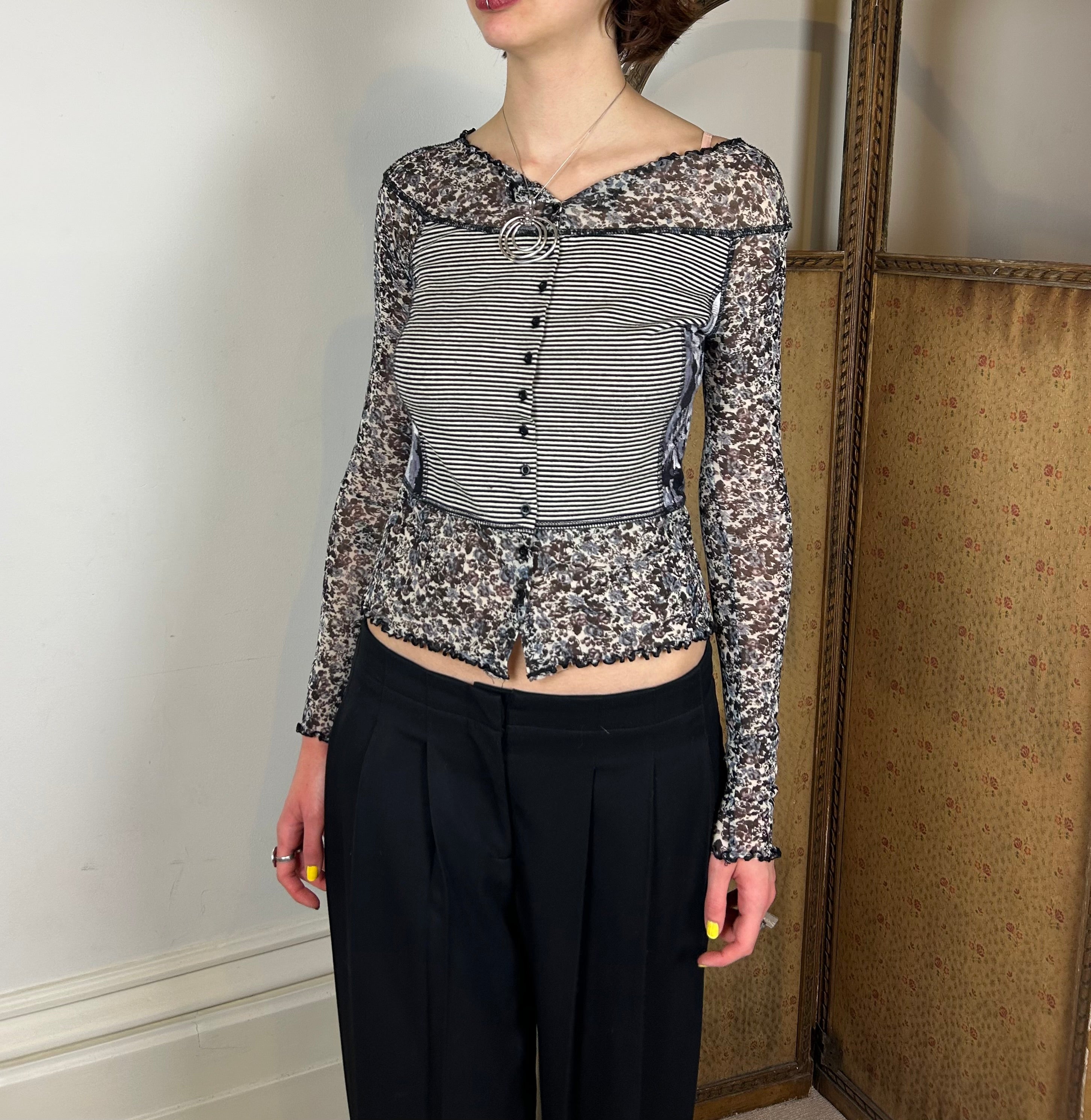 Black and white floral patchwork mesh top