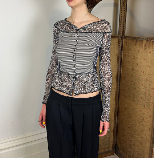 Black and white floral patchwork mesh top