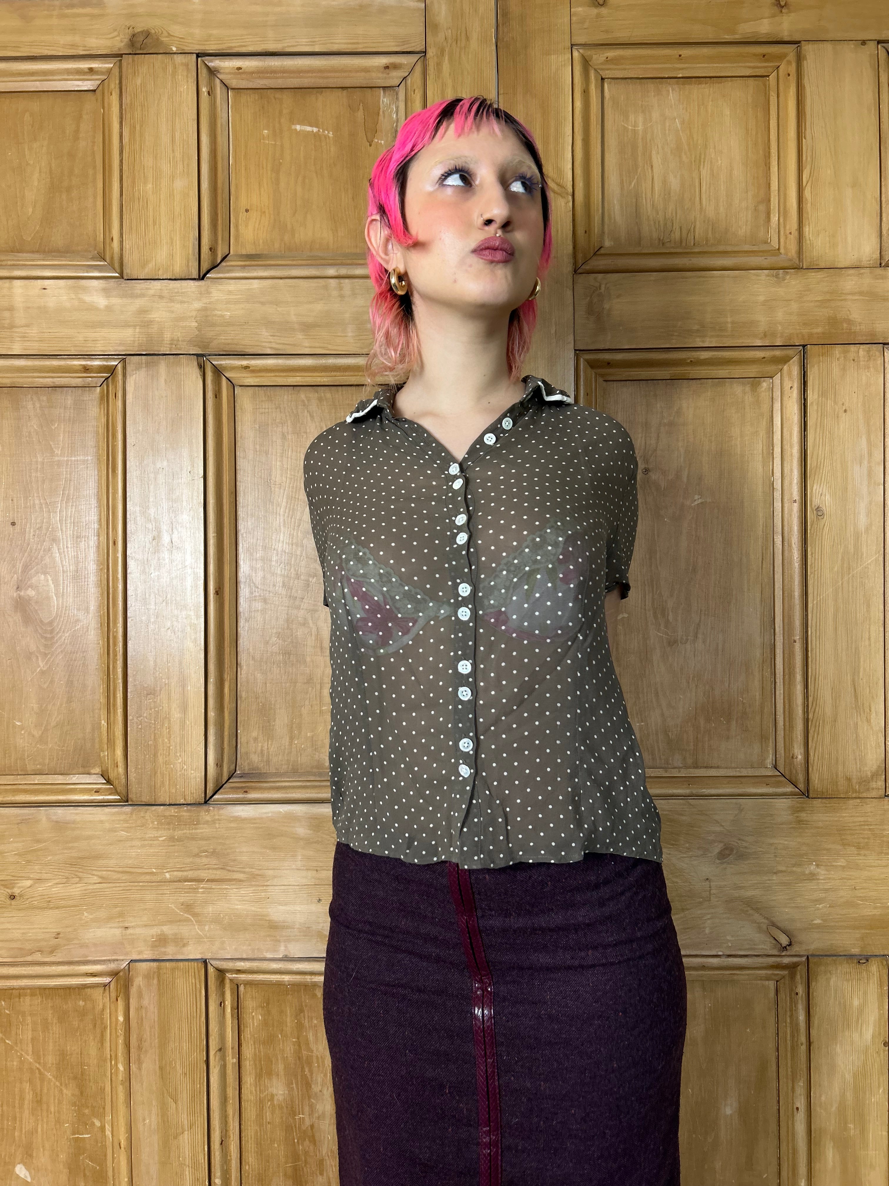 Sheer brown polka dot shirt