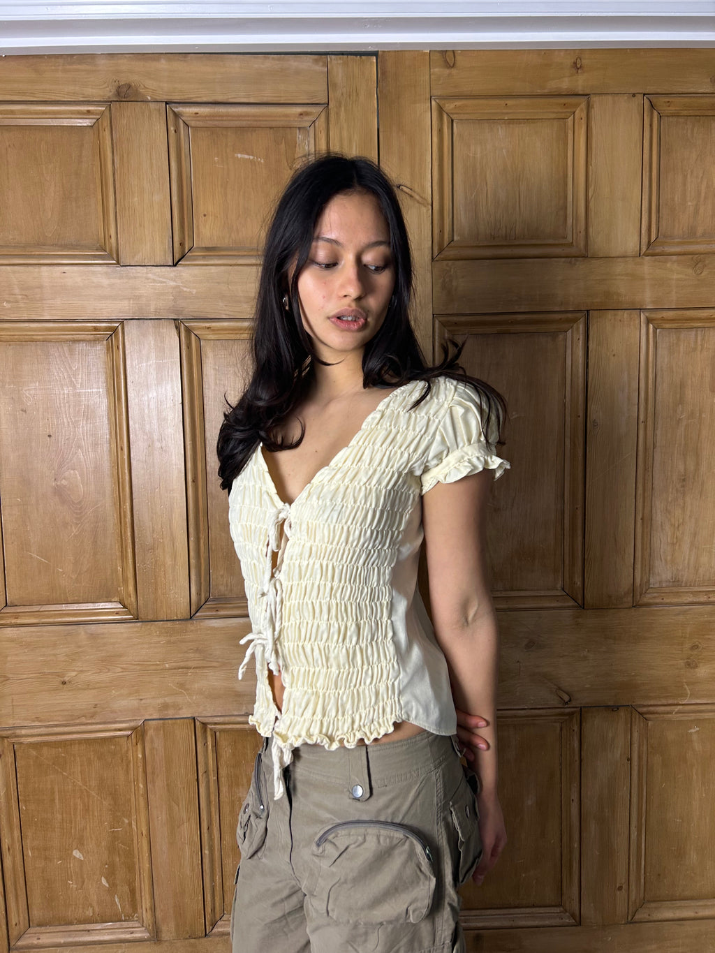 Buttery yellow milkmaid tie top