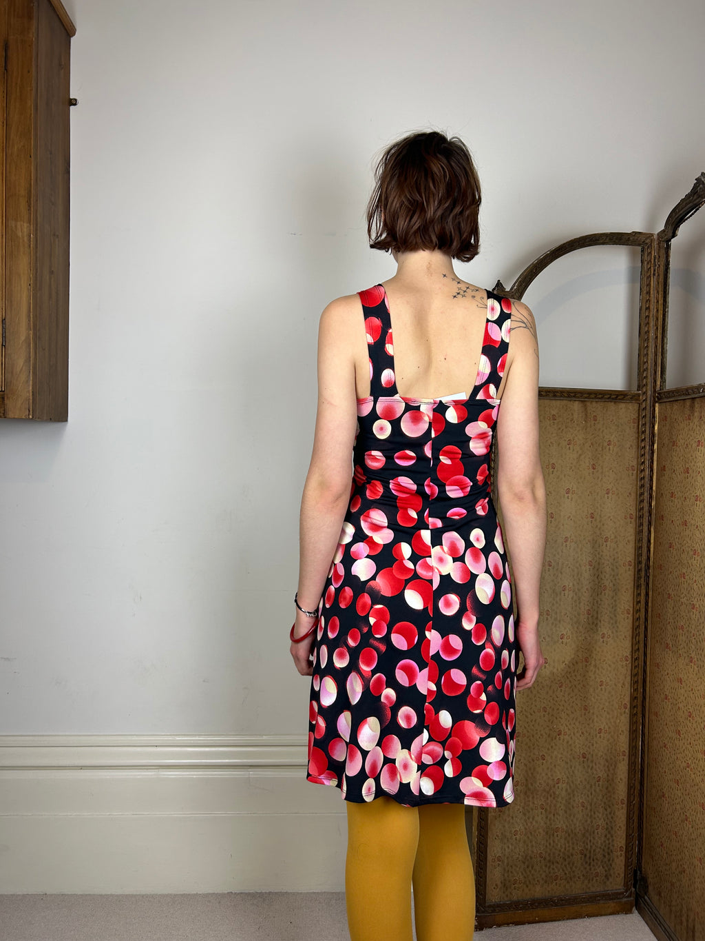 Red and black polka dot dress