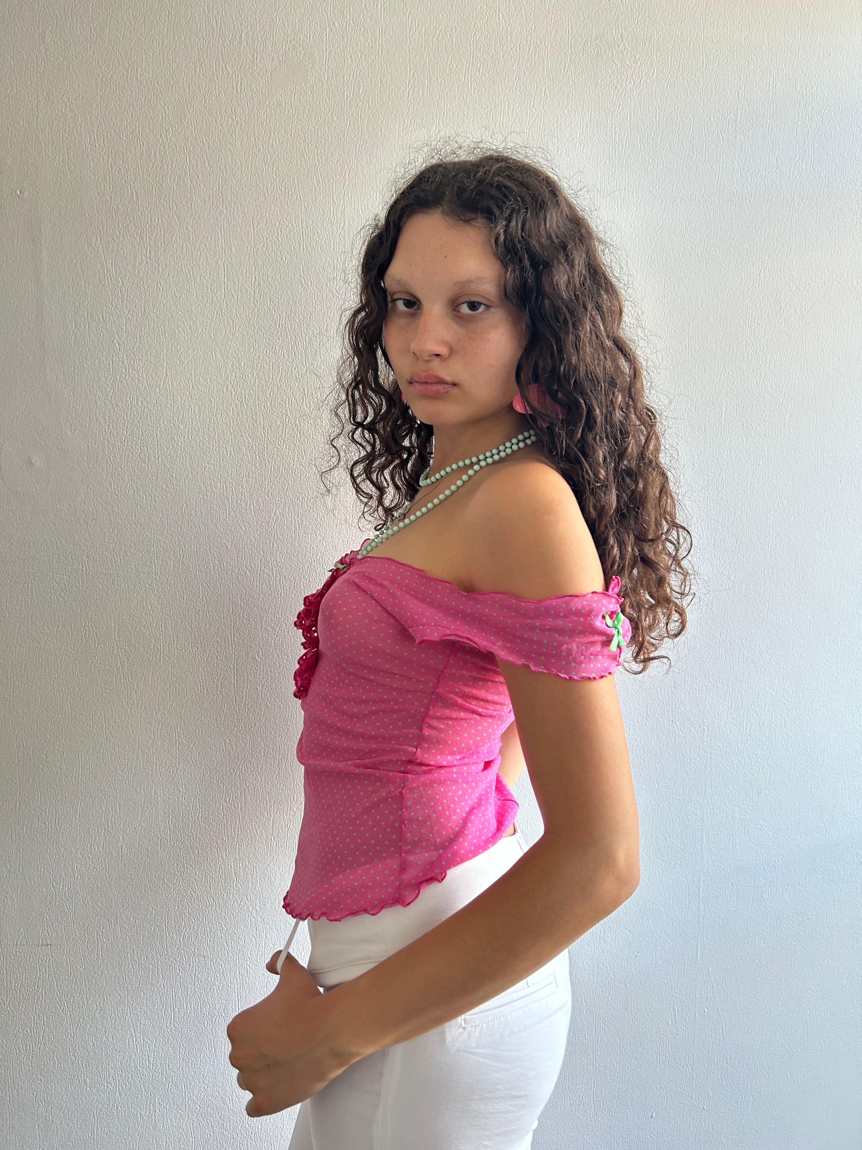 Vintage Coquette Pink and Green Sheer Top