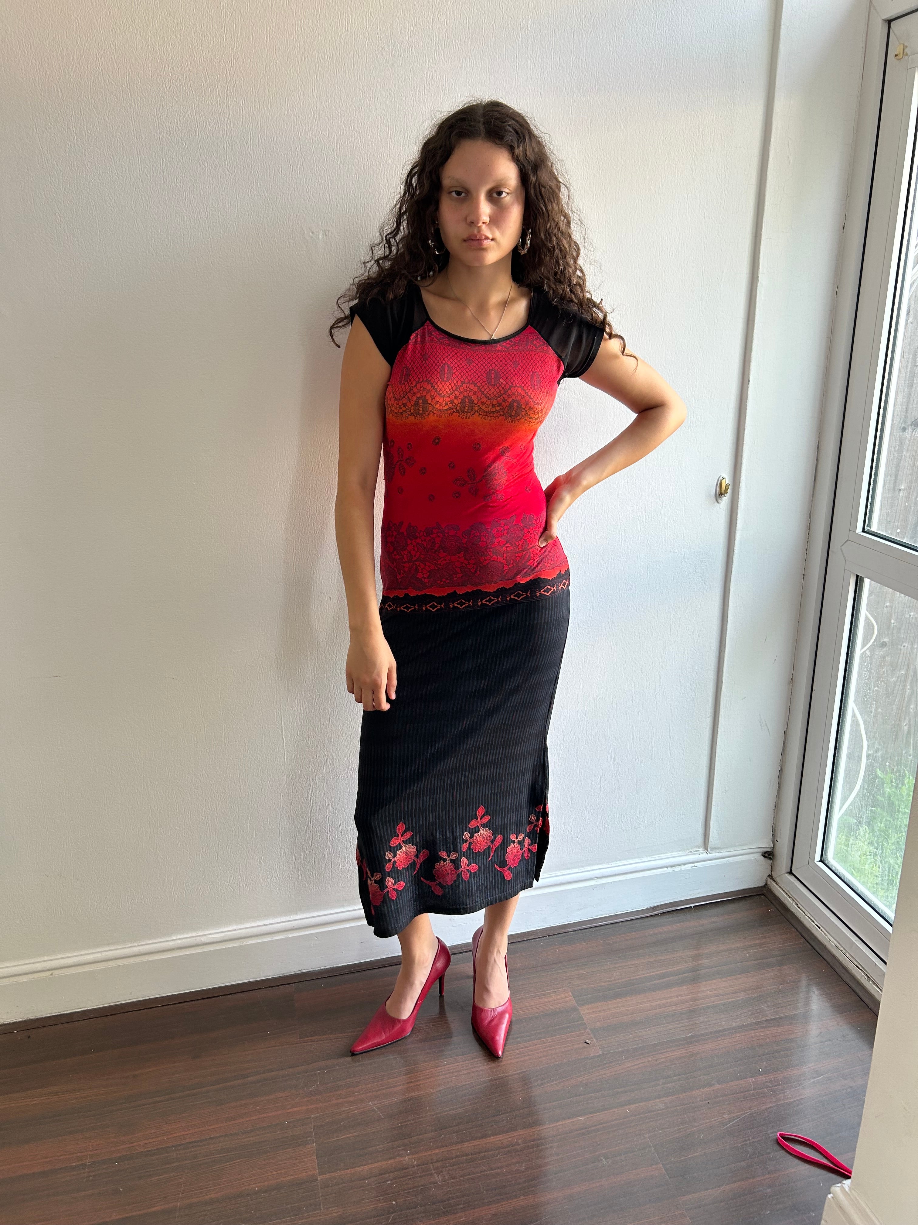 Whimsical Red and Black/Blue Maxi Dress