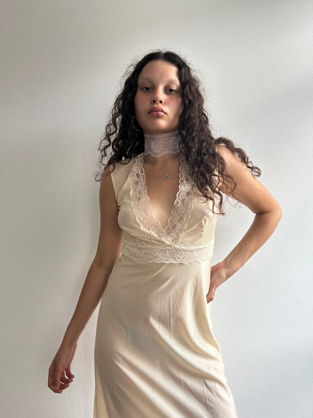 Vintage Cream Lace Maxi Slip Dress
