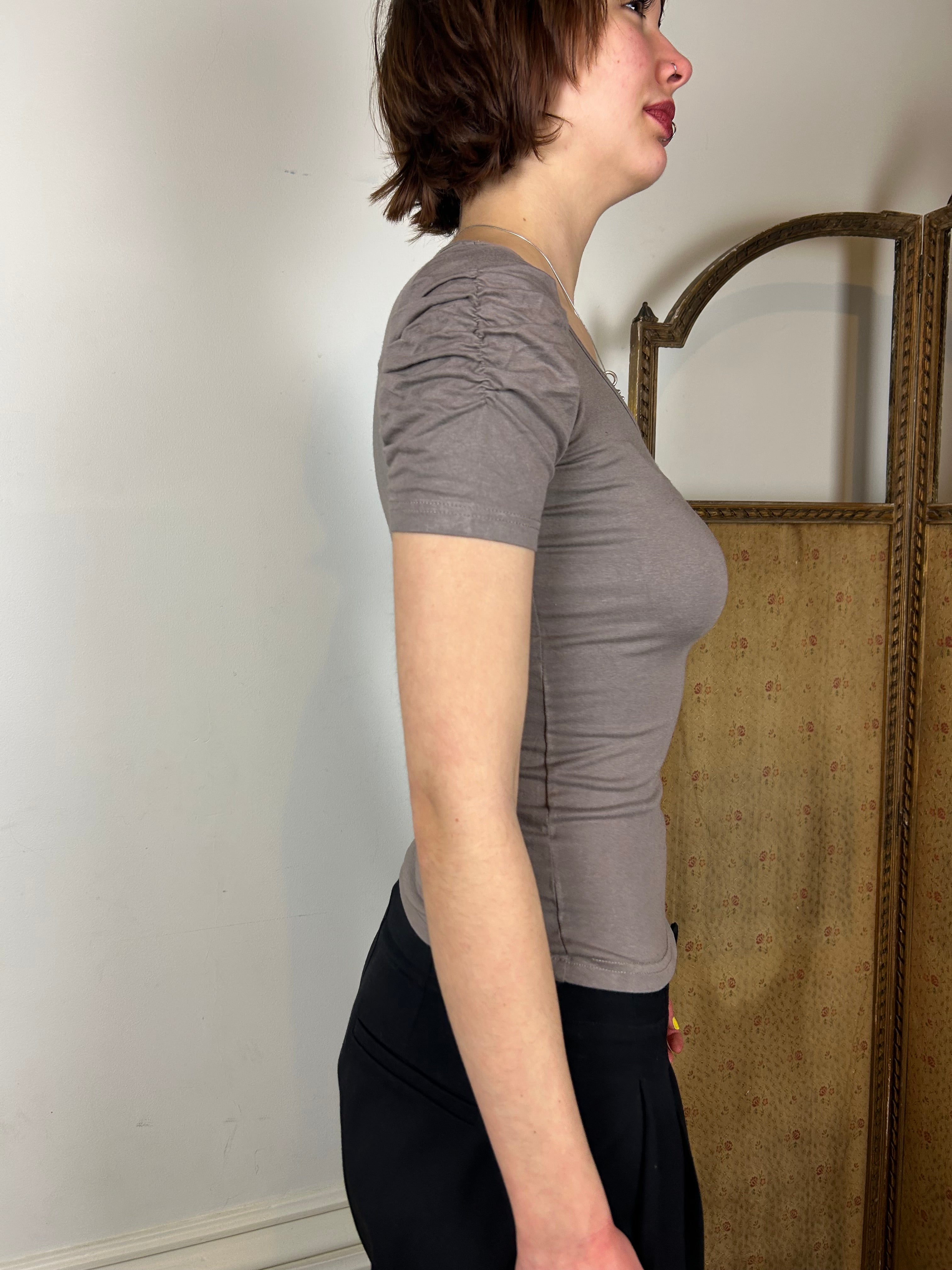 Taupe ruche sleeve top