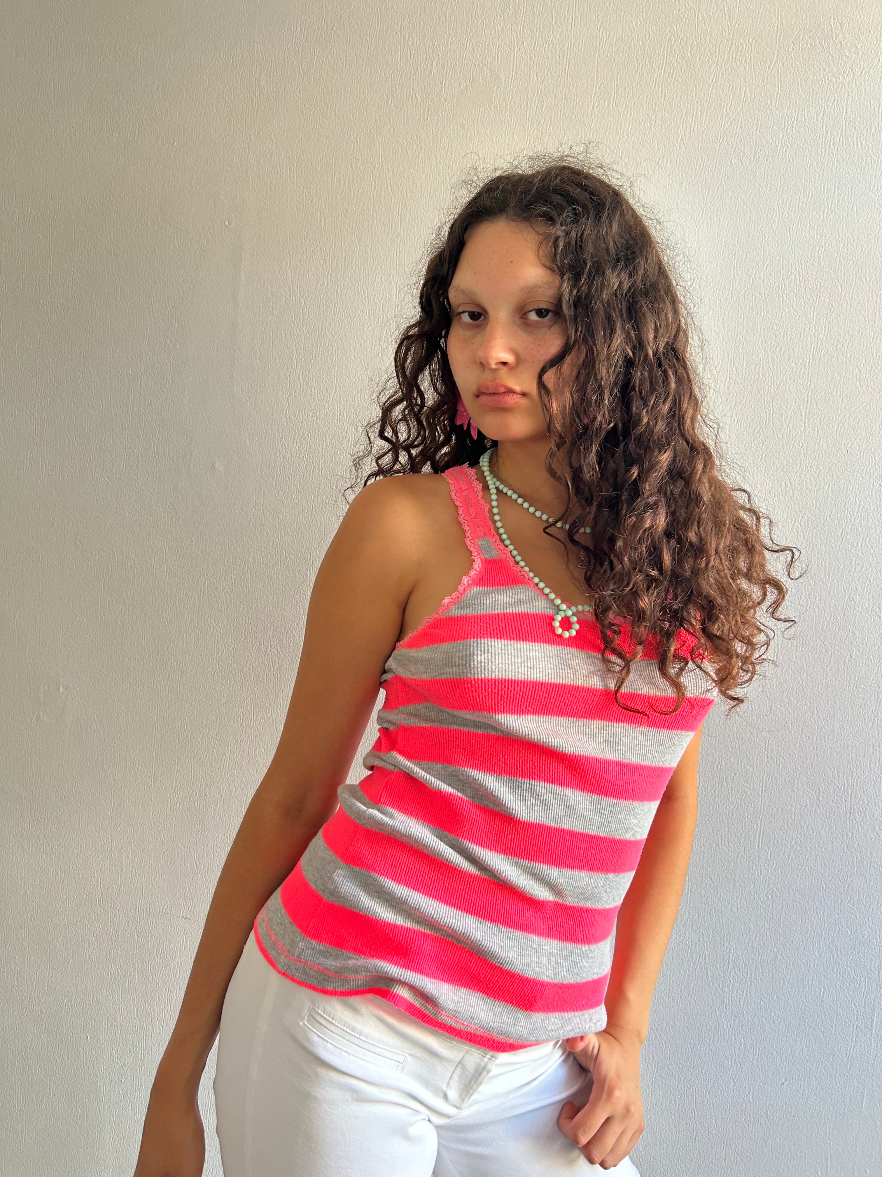 Bright Pink and Grey Stripe Tank Top