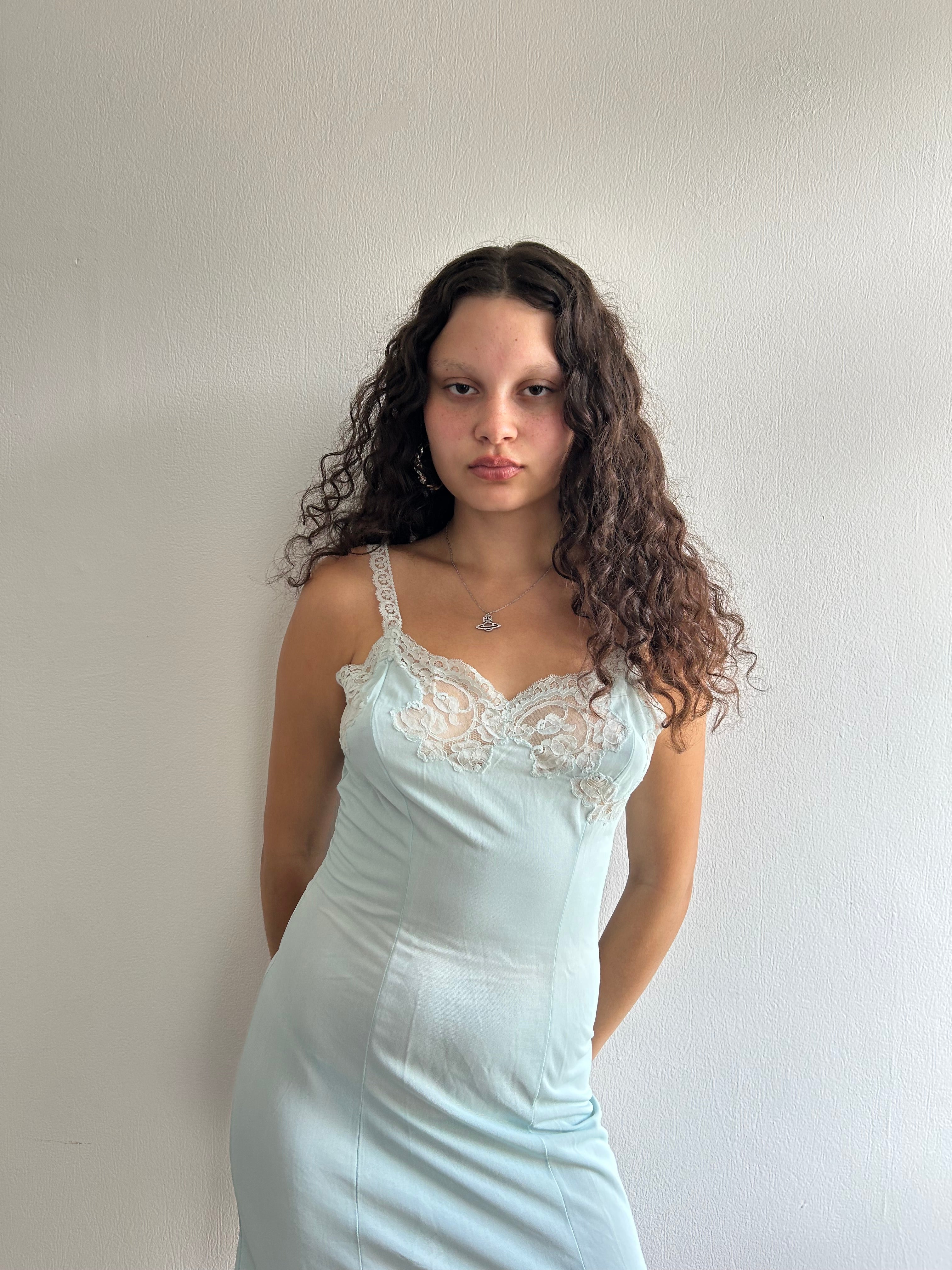 Vintage Baby Blue Lace Slip Dress