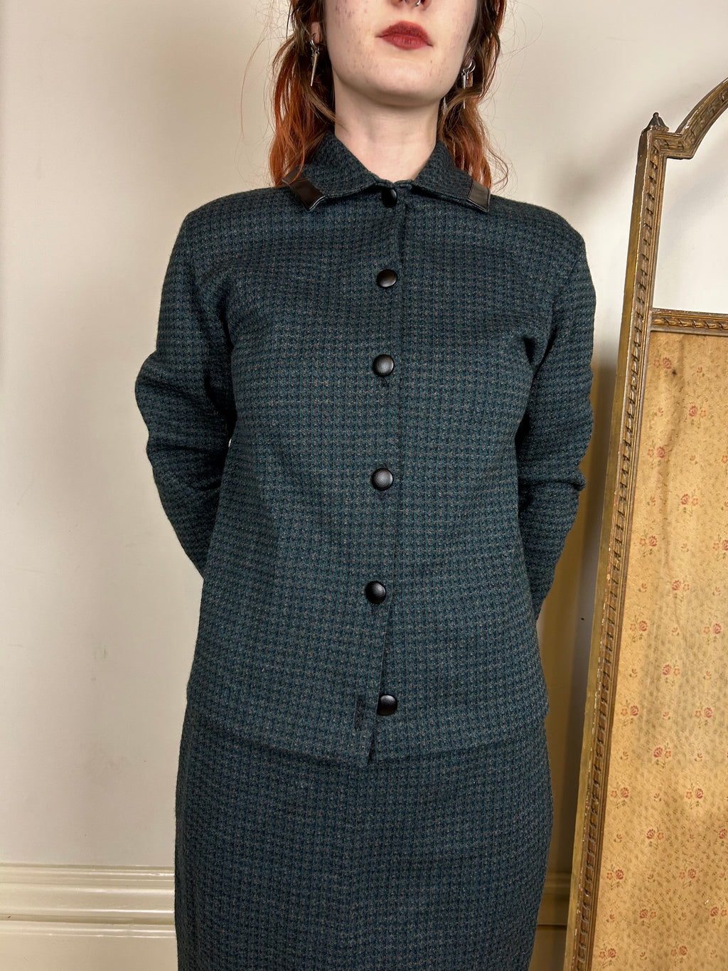 Vintage green and black wool skirt suit