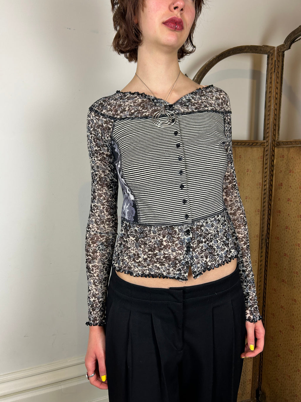 Black and white floral patchwork mesh top