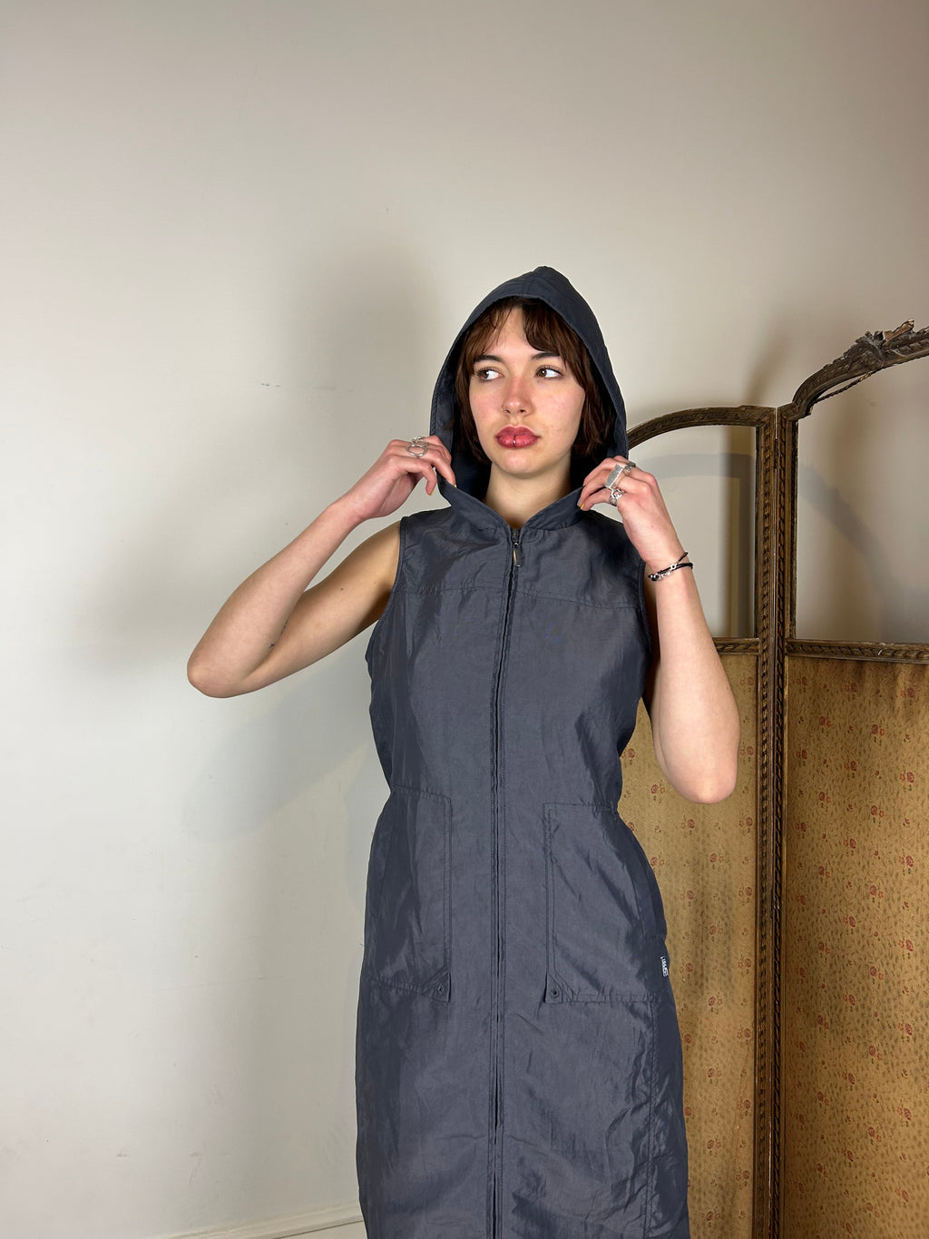 Grey hooded zip dress