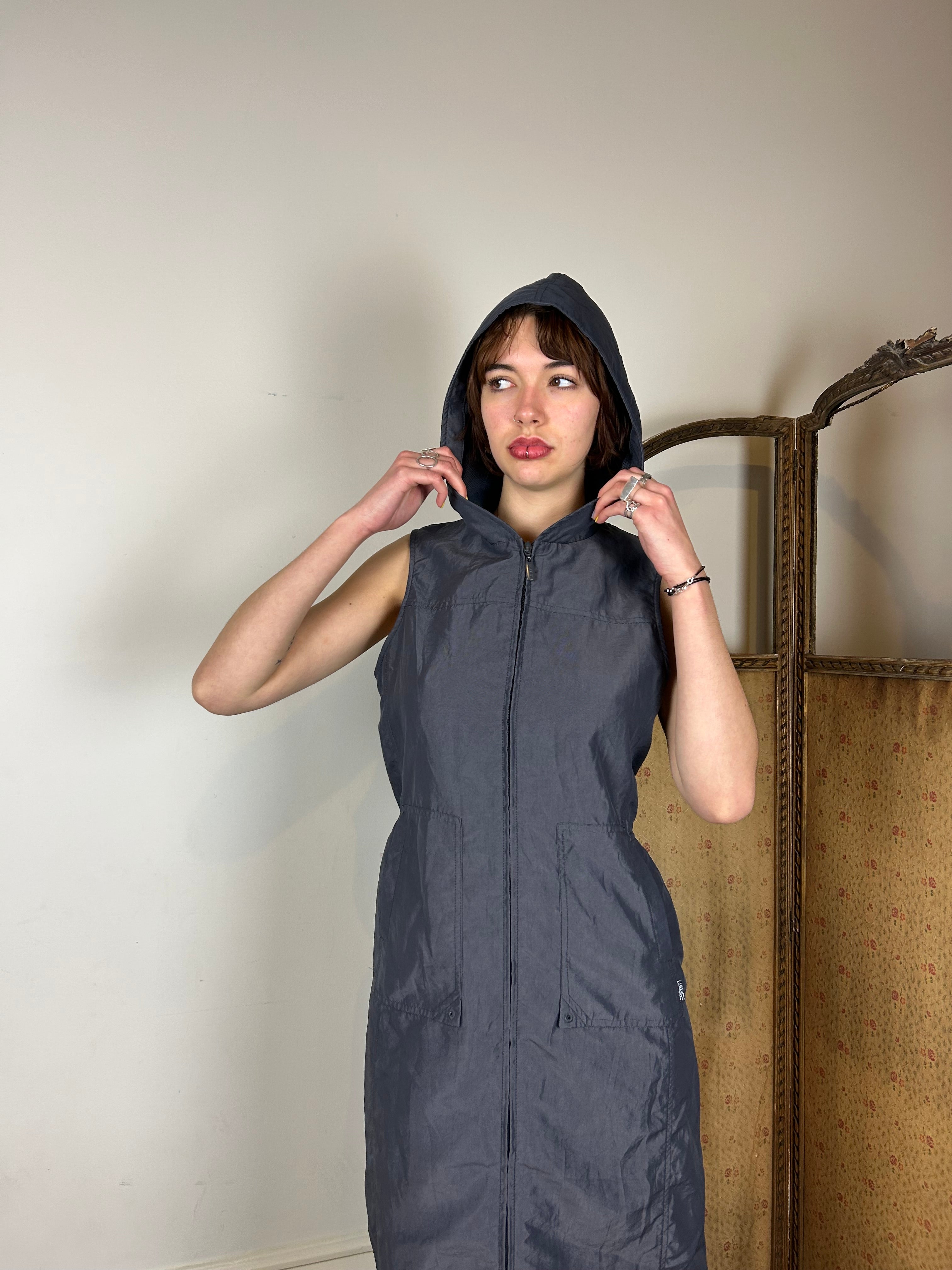 Grey hooded zip dress
