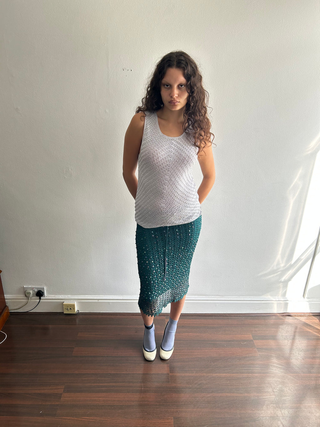 Grey Studded Crochet Top