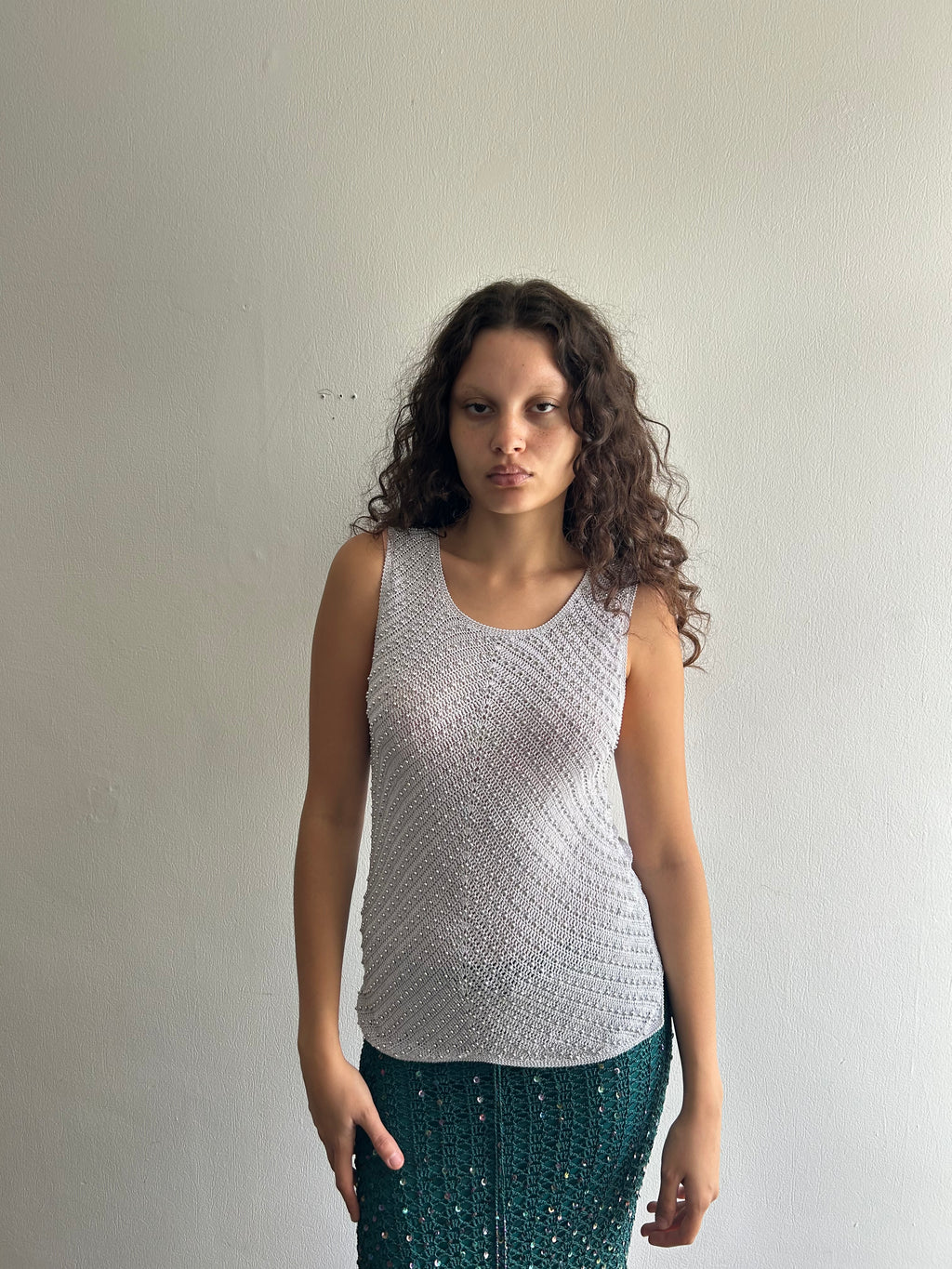 Grey Studded Crochet Top