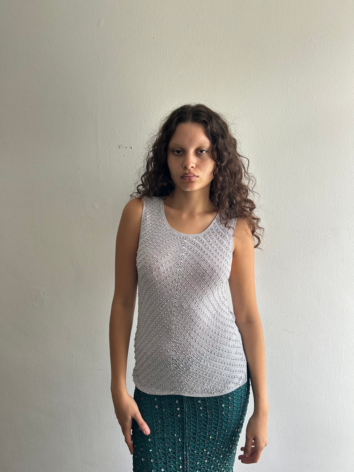 Grey Studded Crochet Top