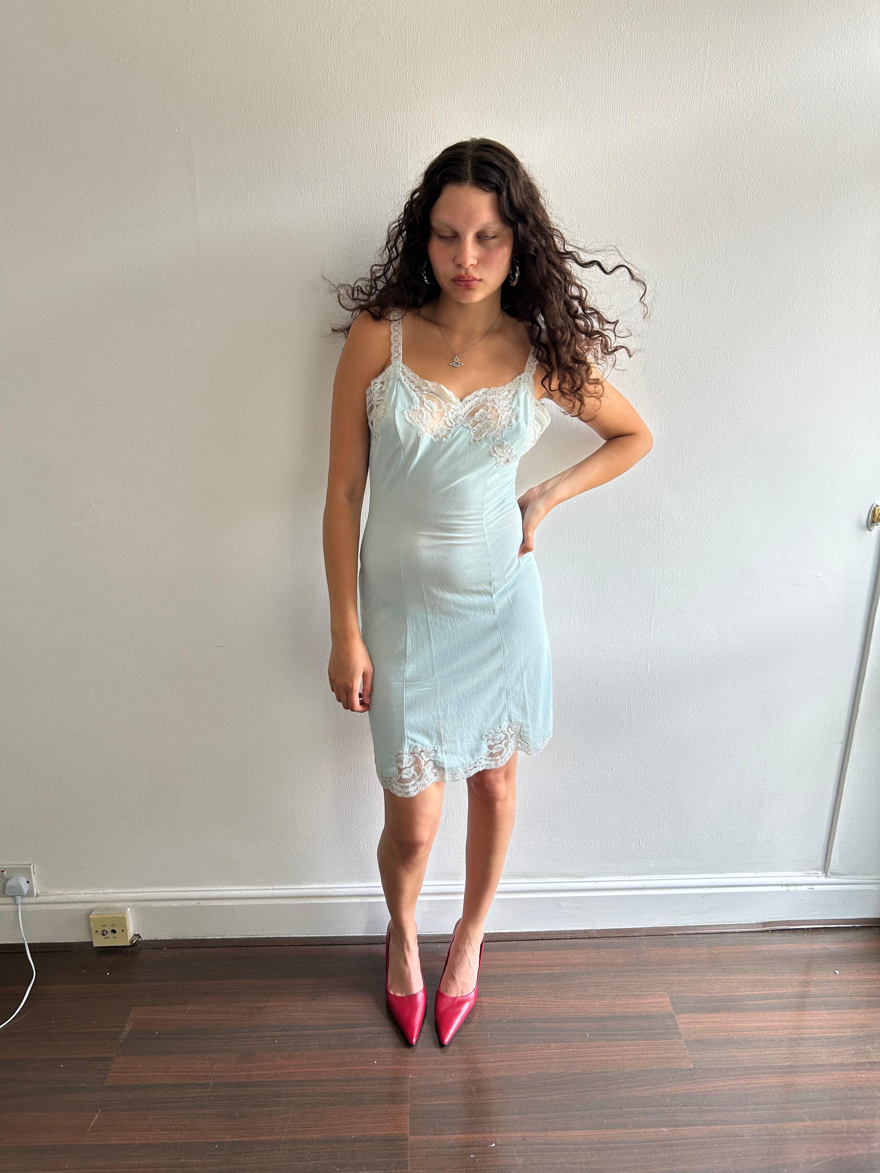 Vintage Baby Blue Lace Slip Dress