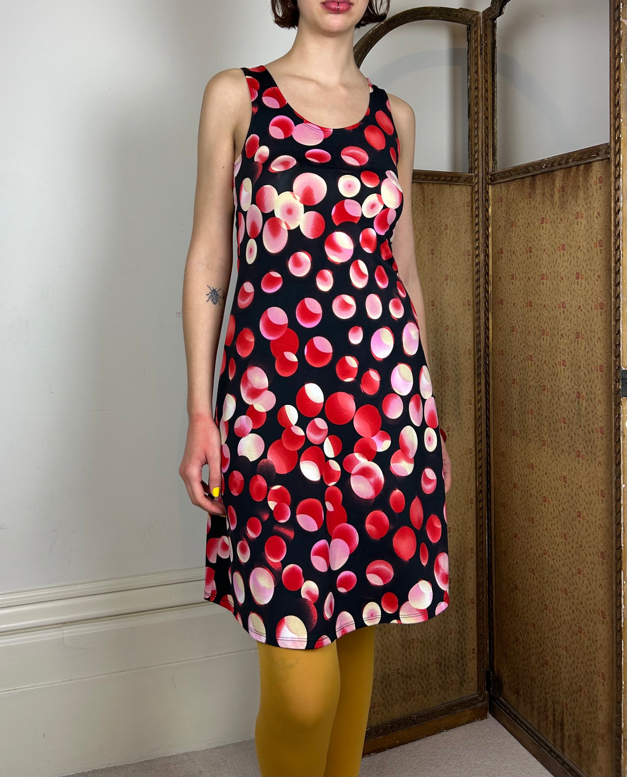 Red and black polka dot dress