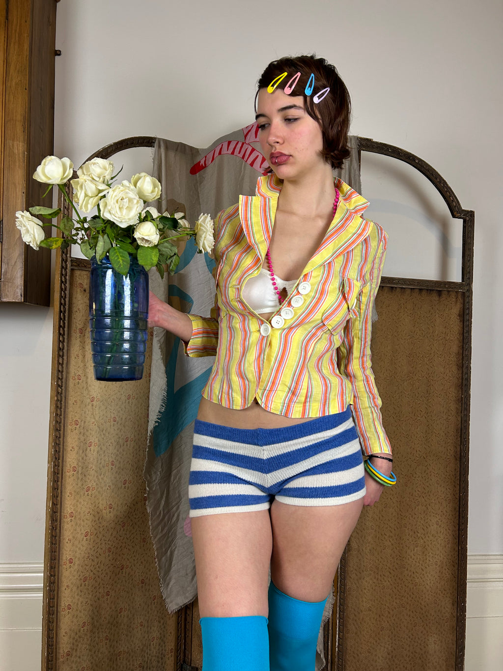 Blue and white stripe knit shorts