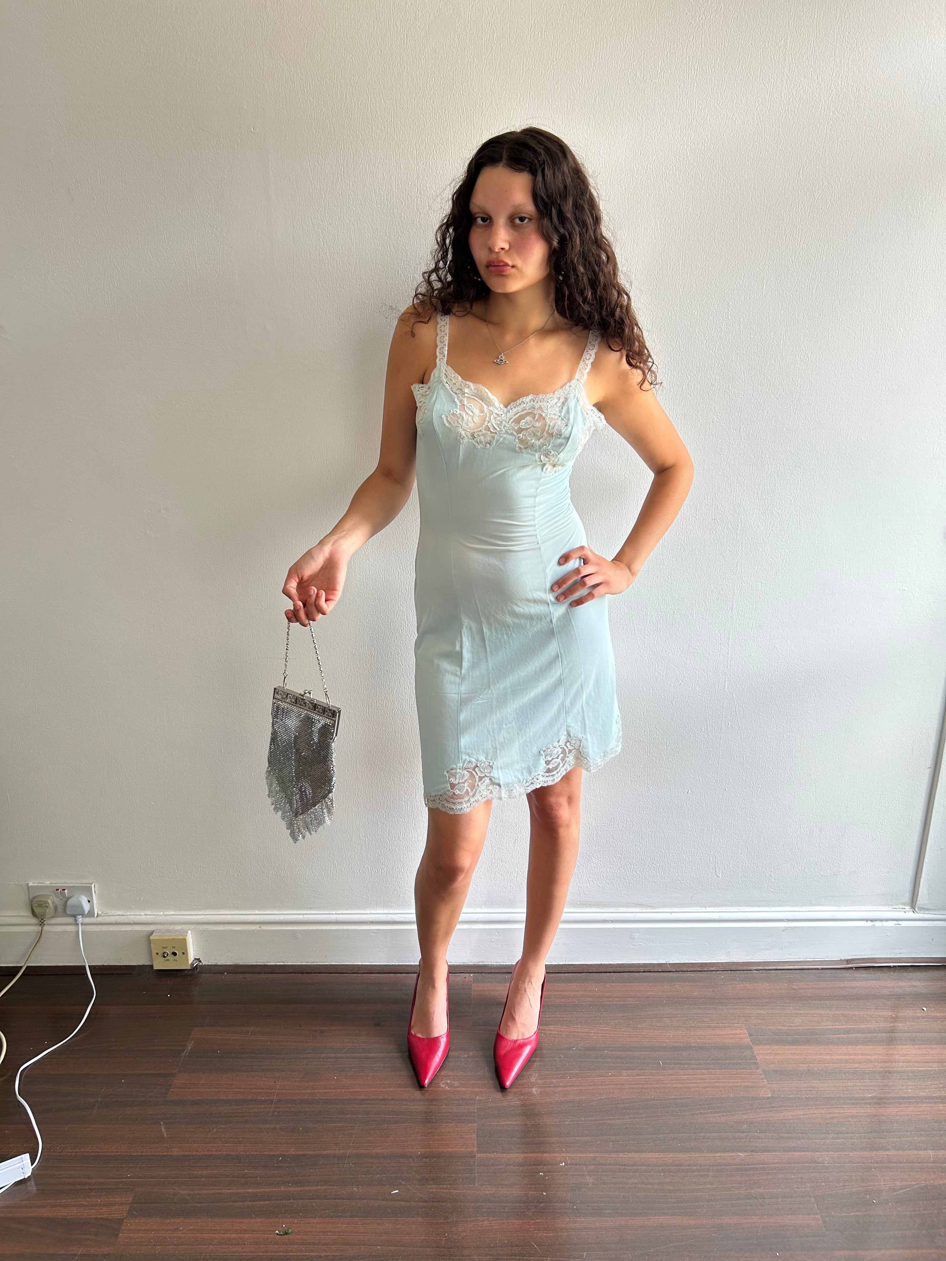 Vintage Baby Blue Lace Slip Dress